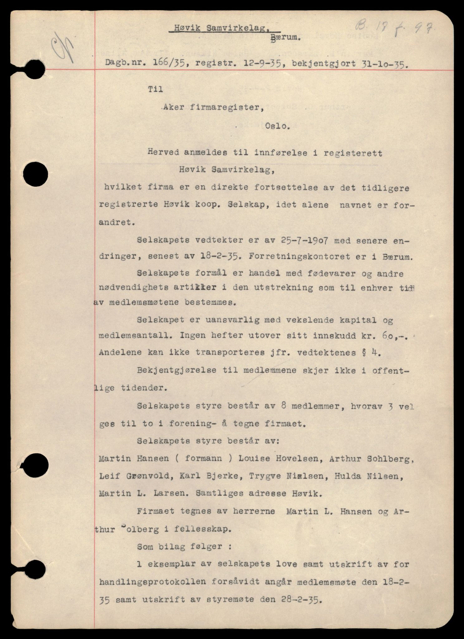 Asker og Bærum tingrett, AV/SAT-A-10379/K/Kb/Kba/L0098: Slettede andelslag Østre Bærum, H - S, 1890-1972, s. 1