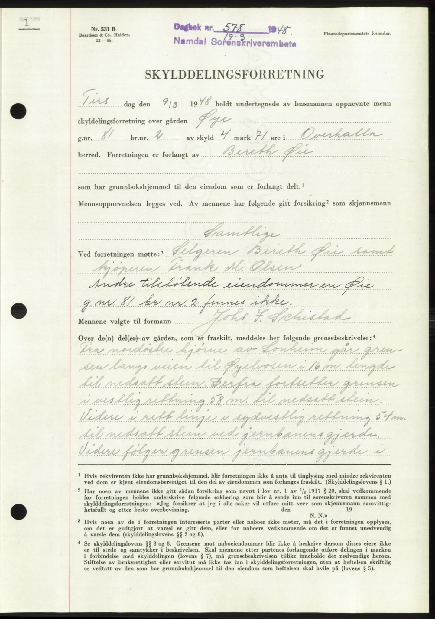 Namdal sorenskriveri, SAT/A-4133/1/2/2C: Pantebok nr. -, 1947-1948, Dagboknr: 578/1948