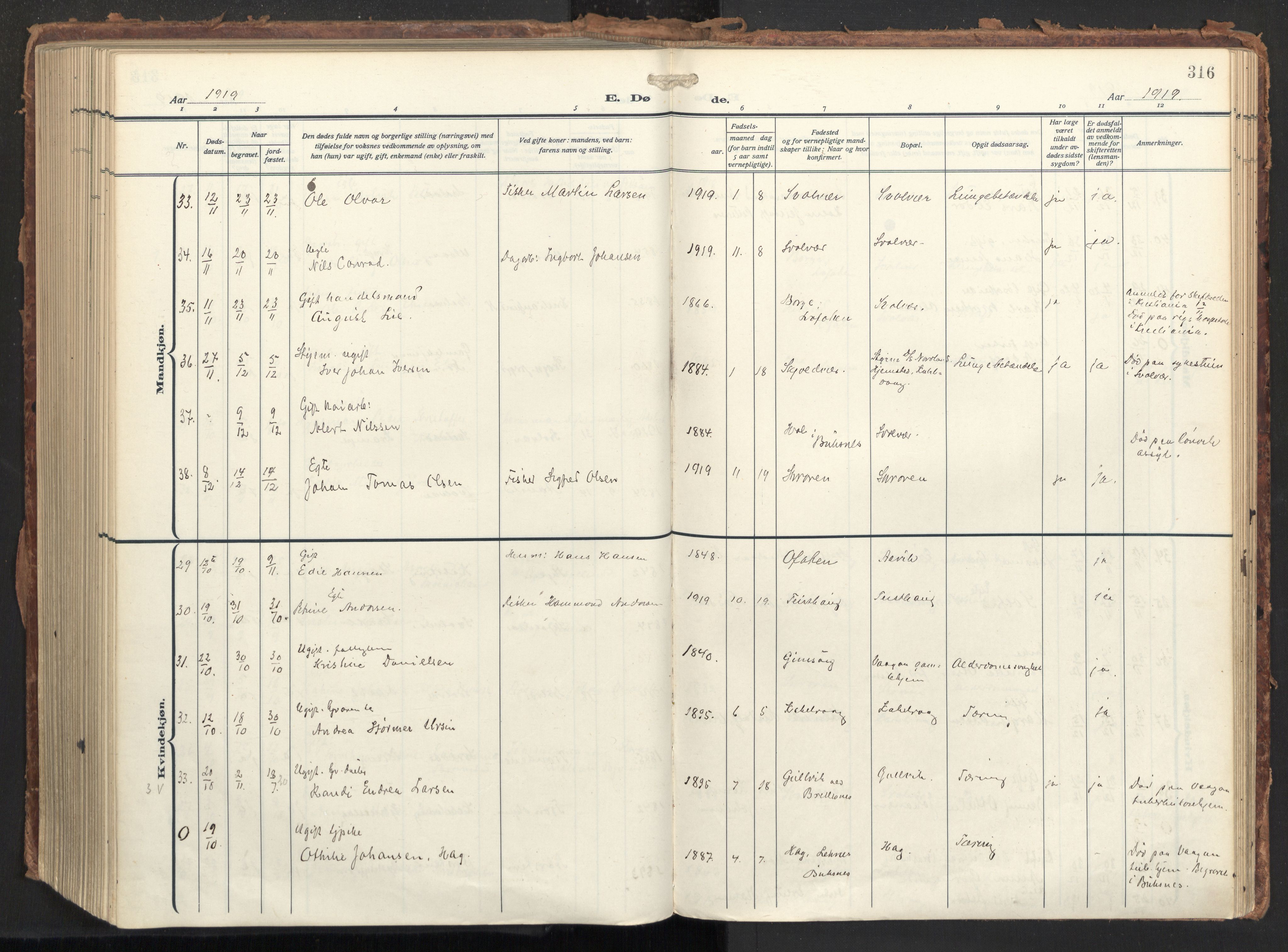 Ministerialprotokoller, klokkerbøker og fødselsregistre - Nordland, SAT/A-1459/874/L1064: Ministerialbok nr. 874A08, 1915-1926, s. 316