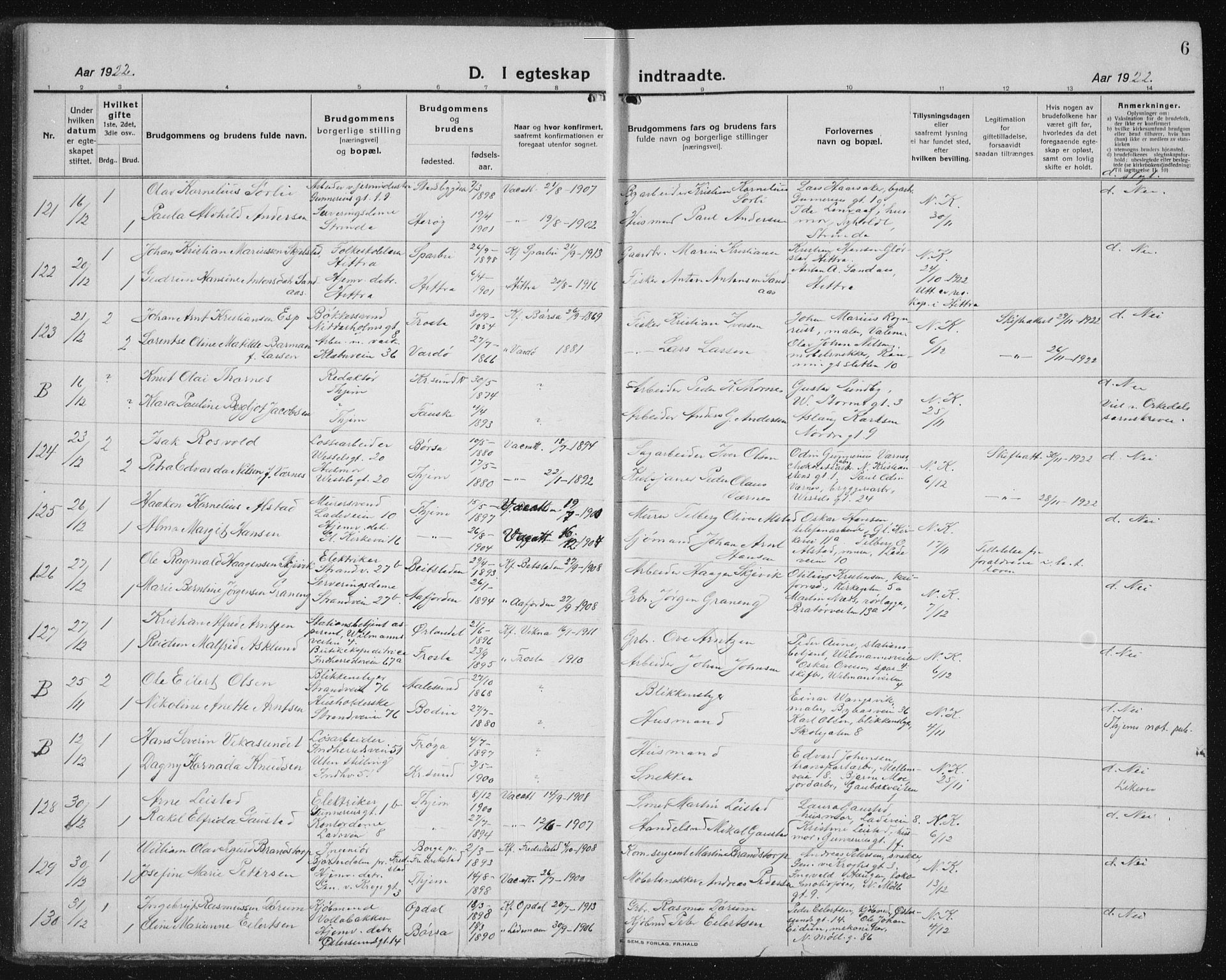 Ministerialprotokoller, klokkerbøker og fødselsregistre - Sør-Trøndelag, SAT/A-1456/605/L0260: Klokkerbok nr. 605C07, 1922-1942, s. 6