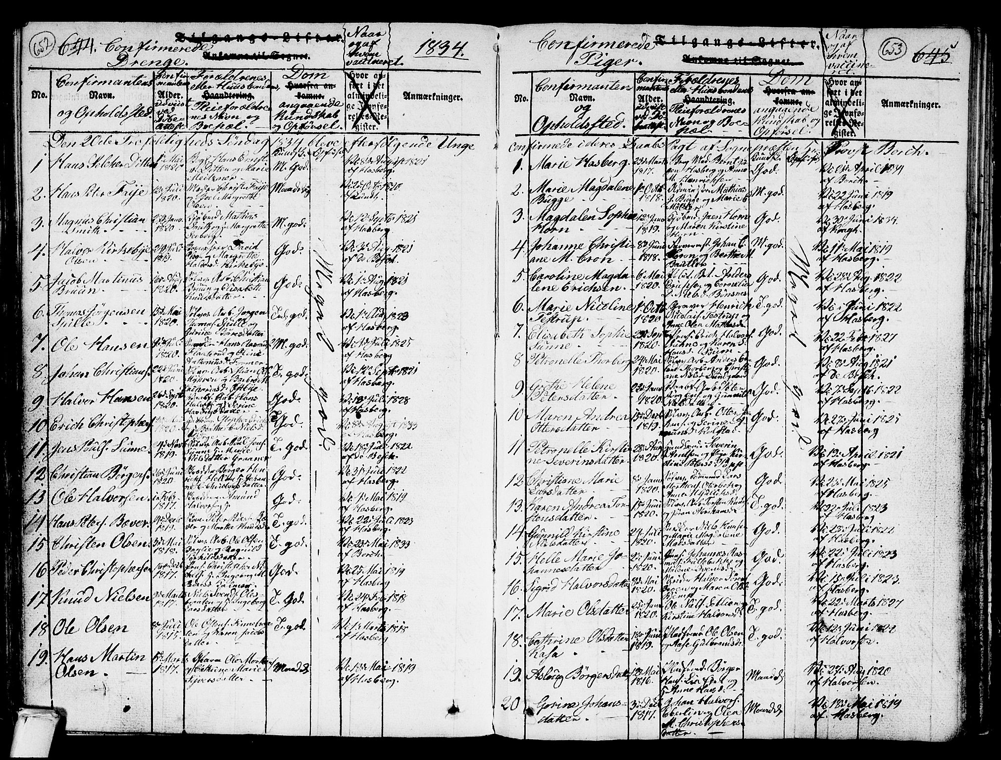 Kongsberg kirkebøker, AV/SAKO-A-22/G/Ga/L0001: Klokkerbok nr. 1, 1816-1839, s. 652-653