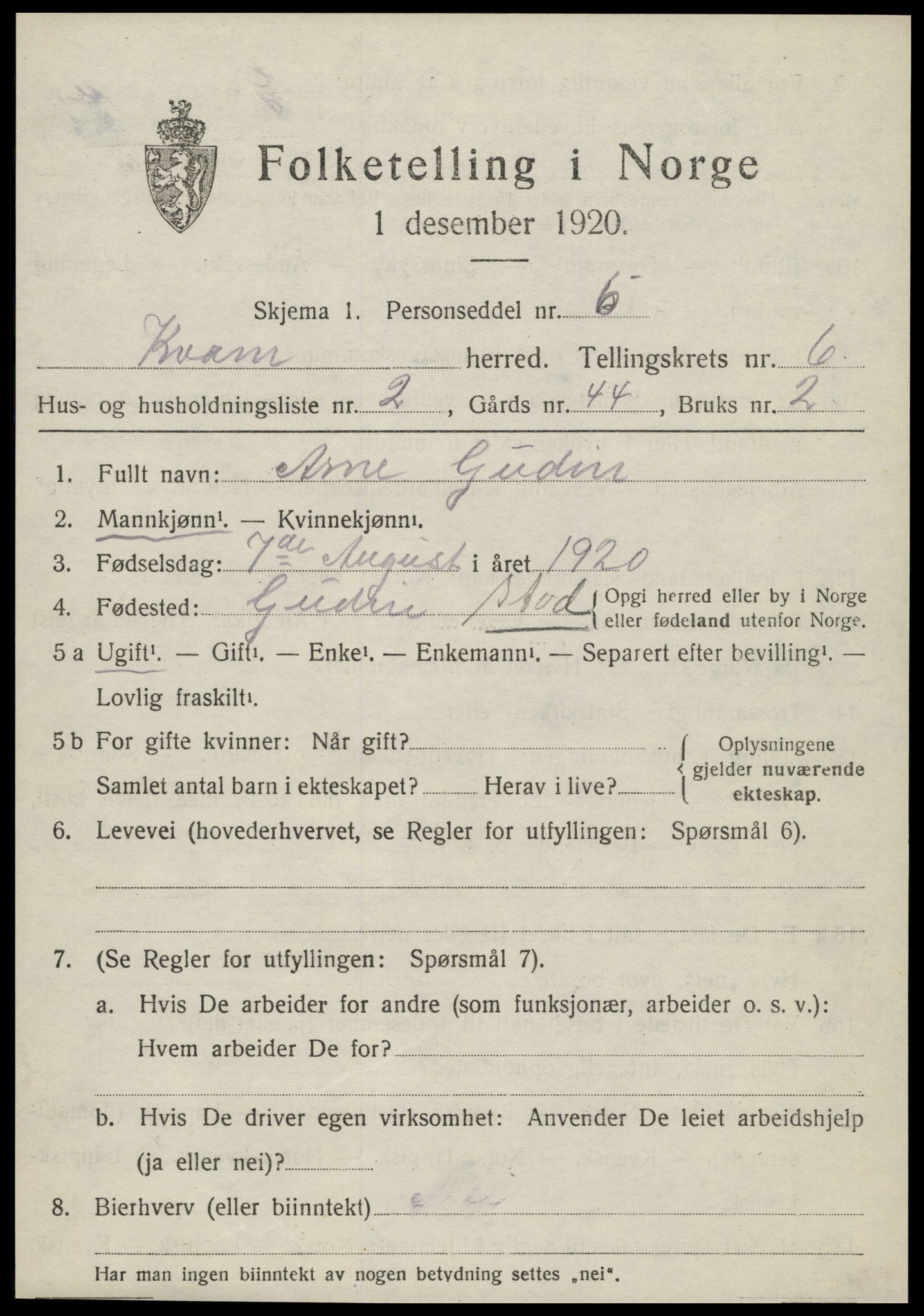 SAT, Folketelling 1920 for 1735 Kvam herred, 1920, s. 1607