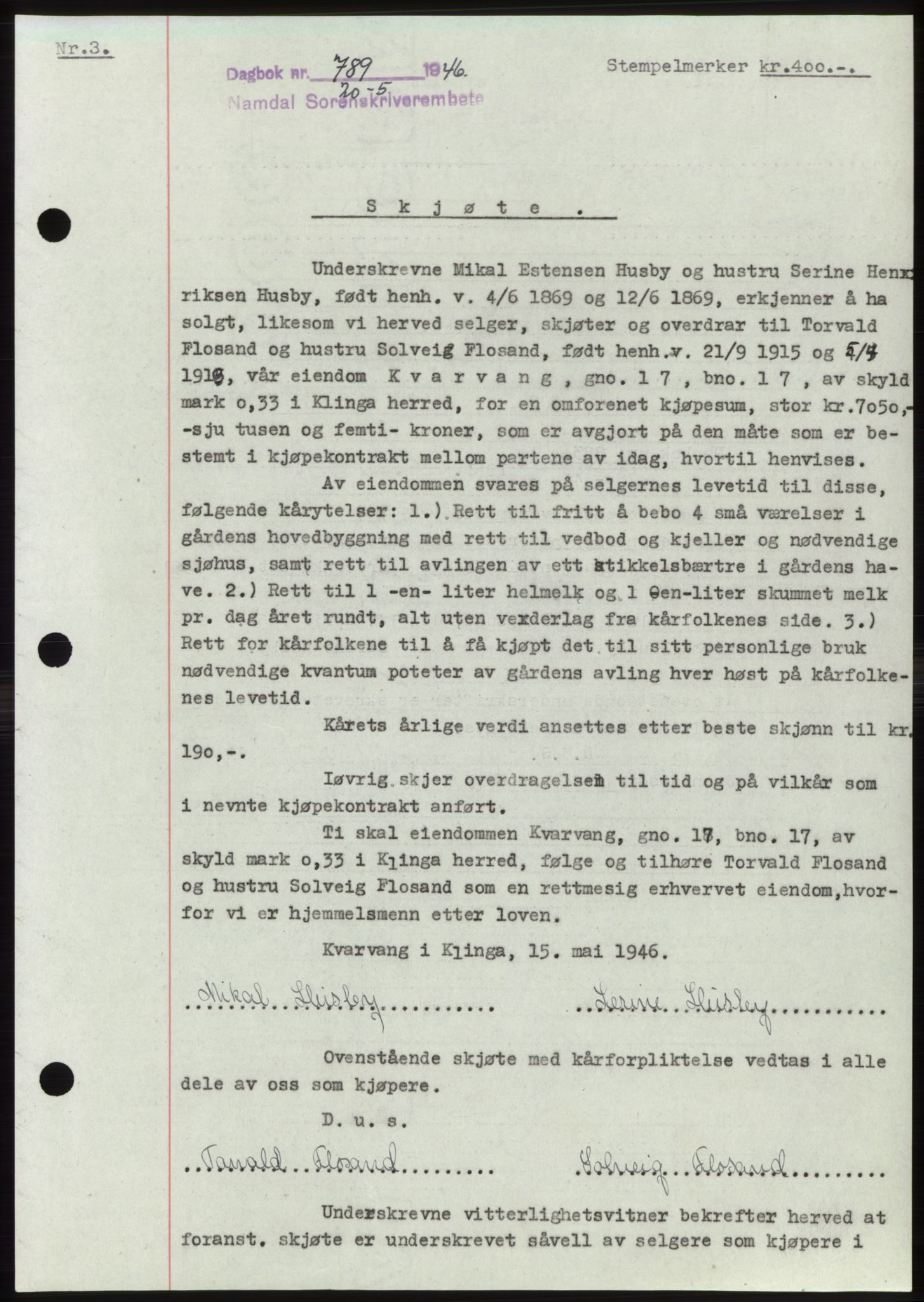 Namdal sorenskriveri, SAT/A-4133/1/2/2C: Pantebok nr. -, 1946-1946, Dagboknr: 789/1946