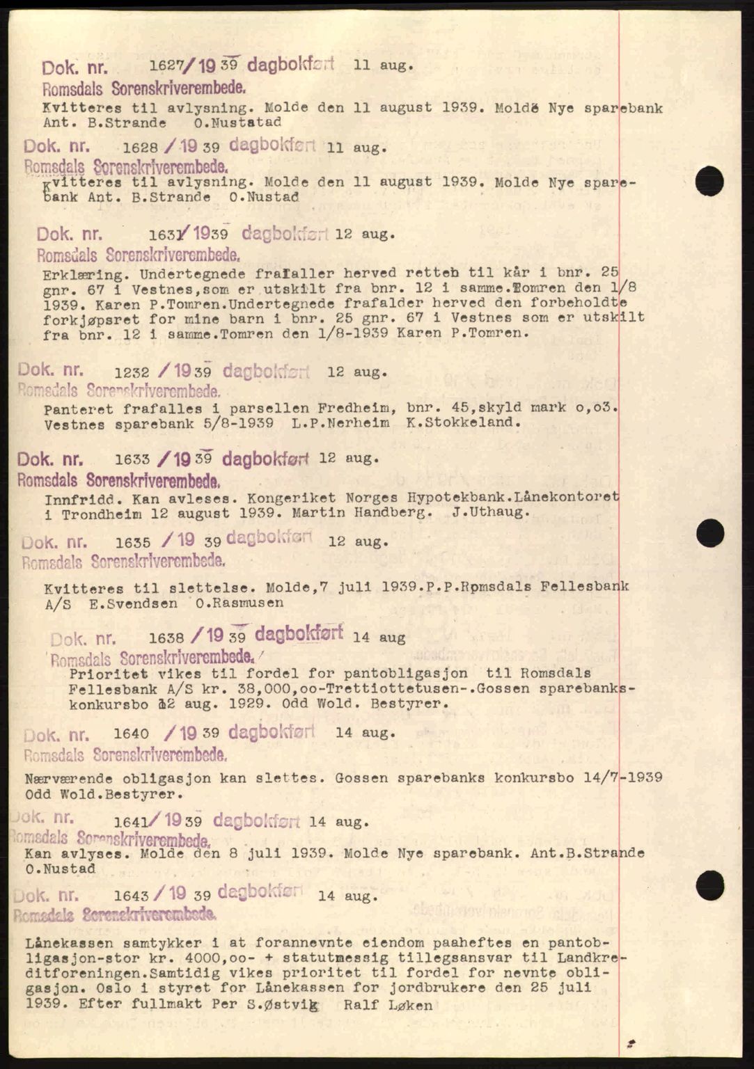 Romsdal sorenskriveri, AV/SAT-A-4149/1/2/2C: Pantebok nr. C1a, 1936-1945, Dagboknr: 1627/1939