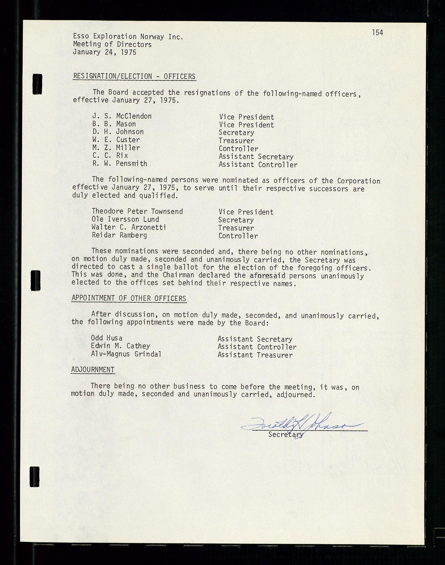 Pa 1512 - Esso Exploration and Production Norway Inc., SAST/A-101917/A/Aa/L0001/0001: Styredokumenter / Corporate records, By-Laws, Board meeting minutes, Incorporations, 1965-1975, s. 154