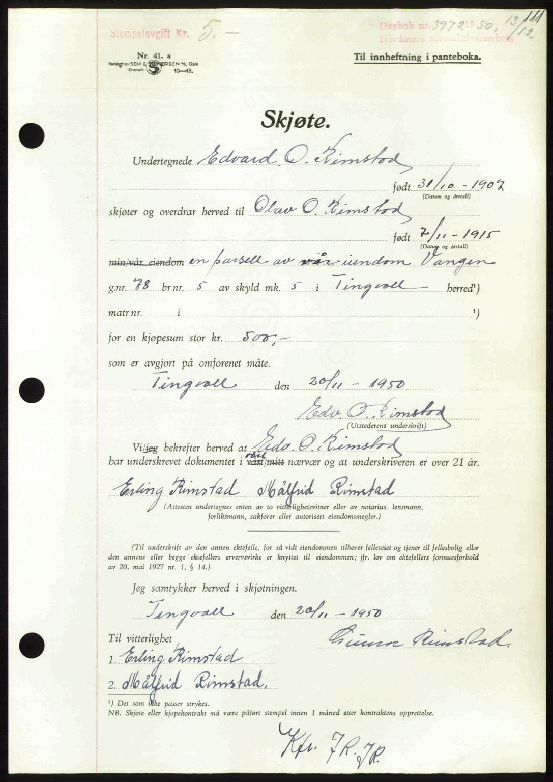 Nordmøre sorenskriveri, AV/SAT-A-4132/1/2/2Ca: Pantebok nr. A117, 1950-1950, Dagboknr: 3972/1950