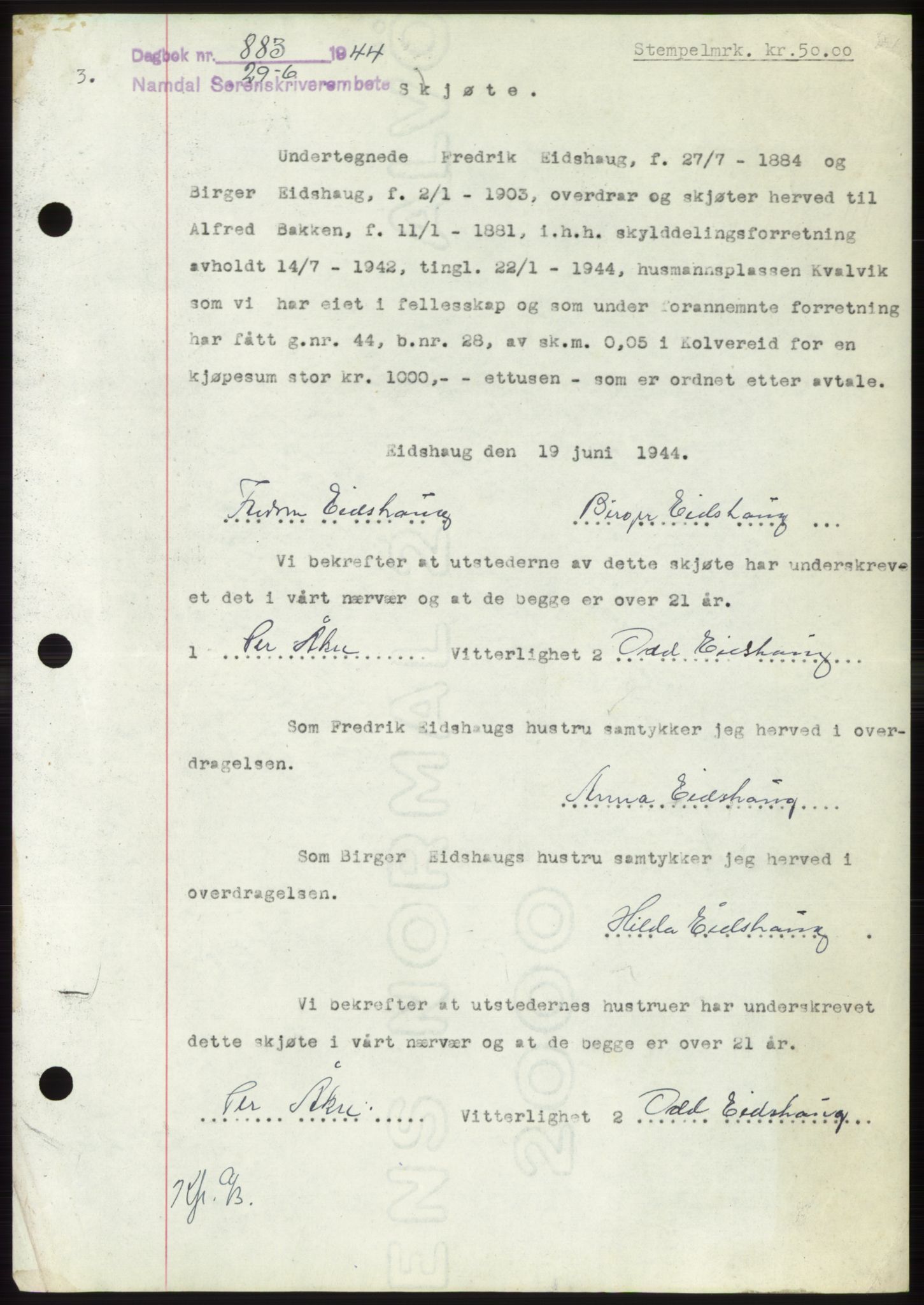 Namdal sorenskriveri, SAT/A-4133/1/2/2C: Pantebok nr. -, 1944-1945, Dagboknr: 883/1944