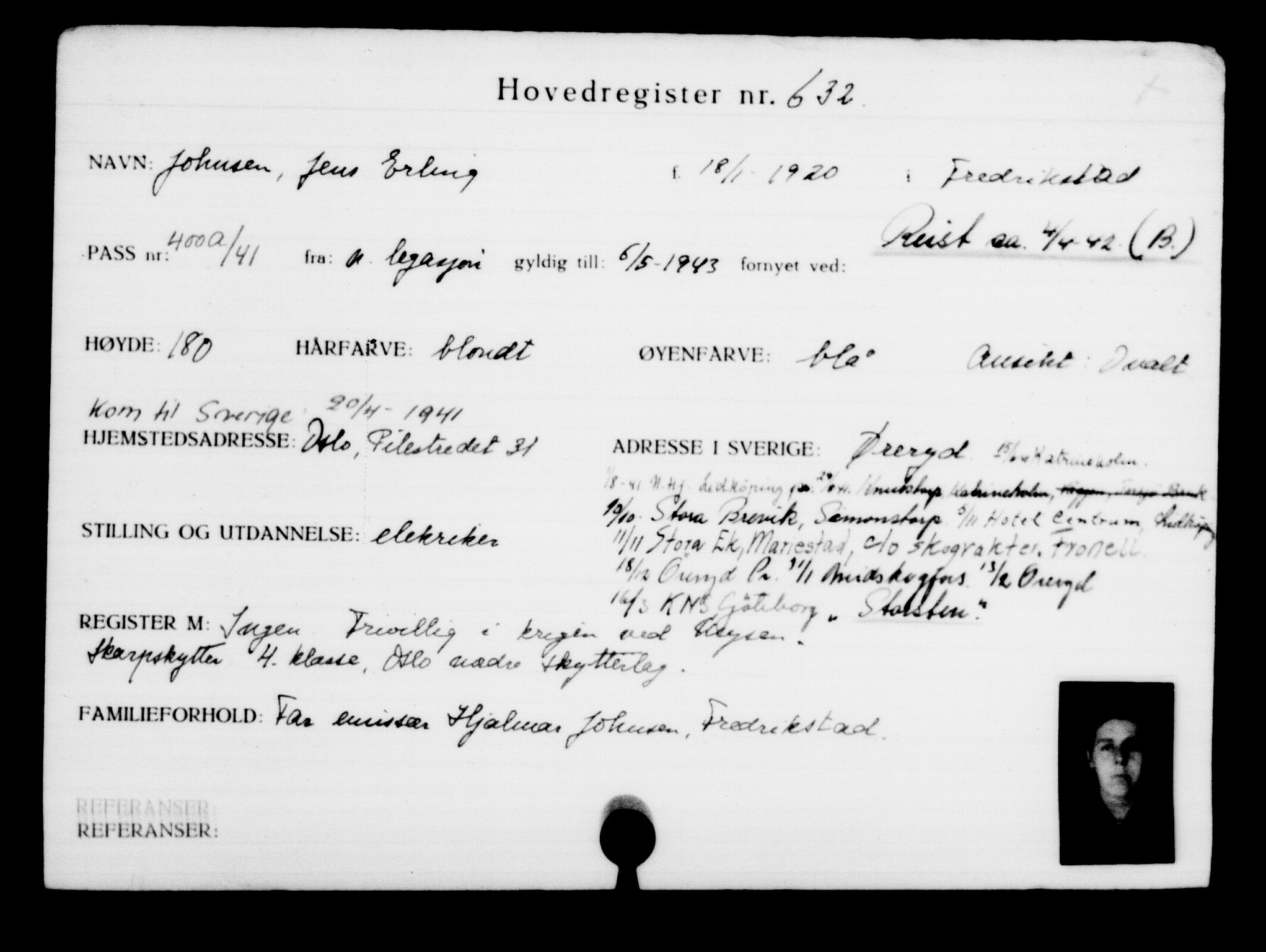 Utenriksstasjonene, Legasjonen i Stockholm, Flyktningkontoret, AV/RA-S-6753/V/Va/L0001: Kjesäterkartoteket, flyktninger med registreringsnr. 1-1000, 1940-1945, s. 986