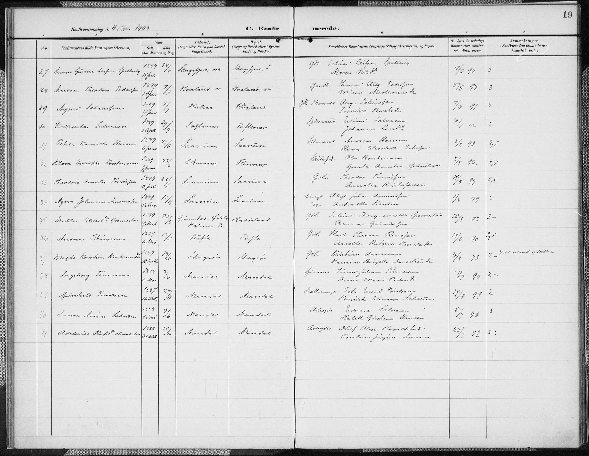 Mandal sokneprestkontor, AV/SAK-1111-0030/F/Fa/Faa/L0019: Ministerialbok nr. A 19, 1902-1912, s. 19