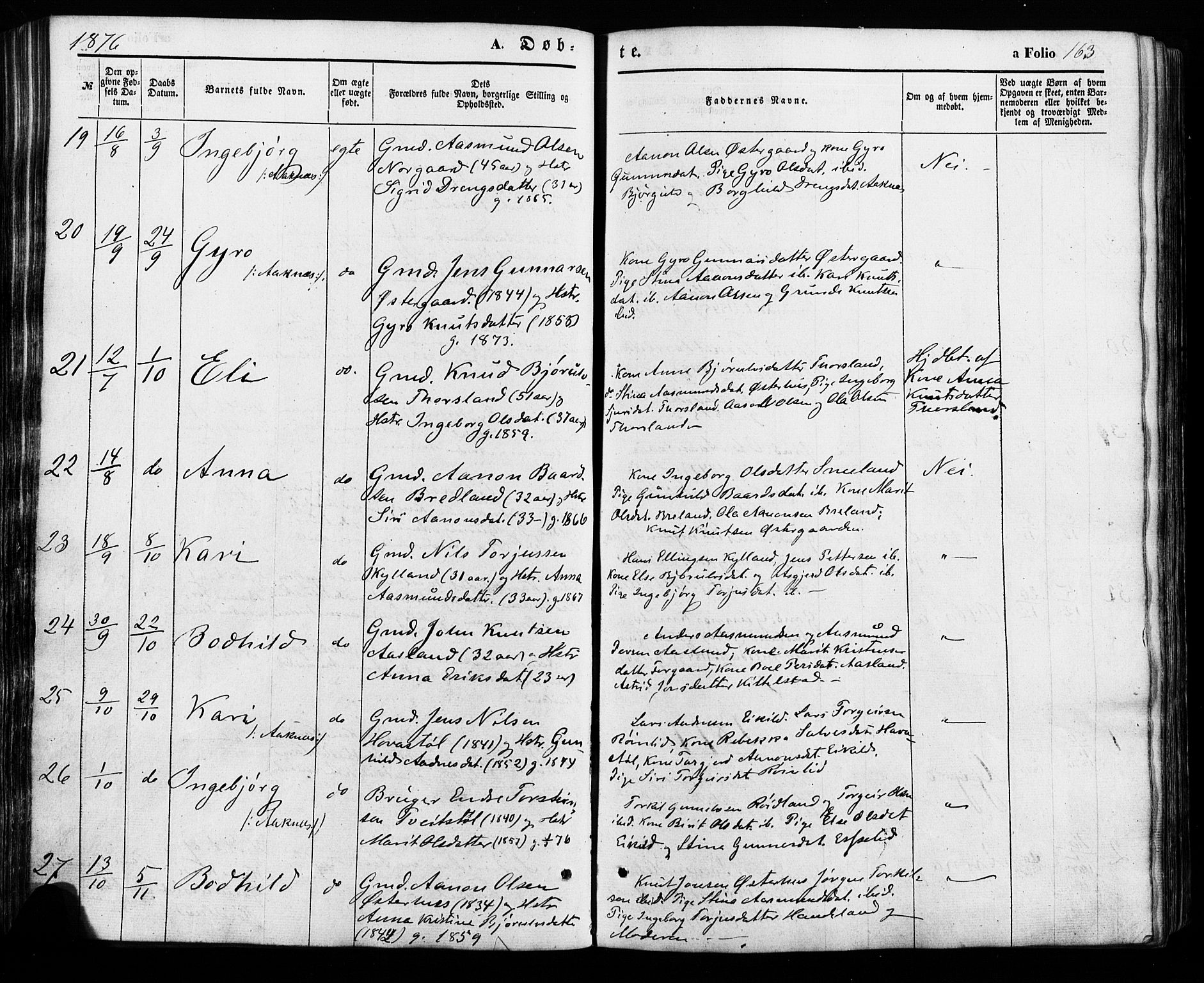 Åseral sokneprestkontor, AV/SAK-1111-0051/F/Fa/L0002: Ministerialbok nr. A 2, 1854-1884, s. 163