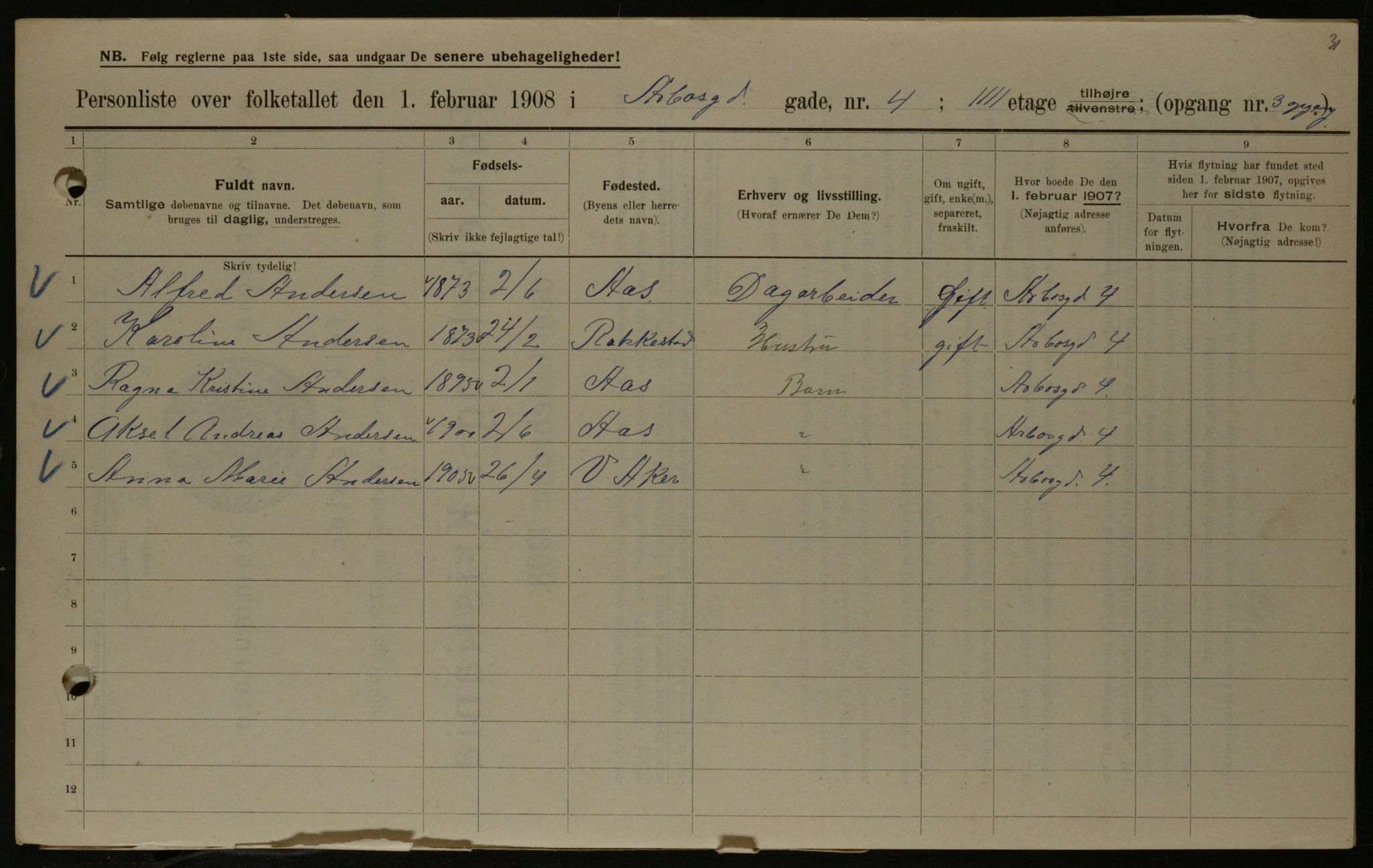 OBA, Kommunal folketelling 1.2.1908 for Kristiania kjøpstad, 1908, s. 2100