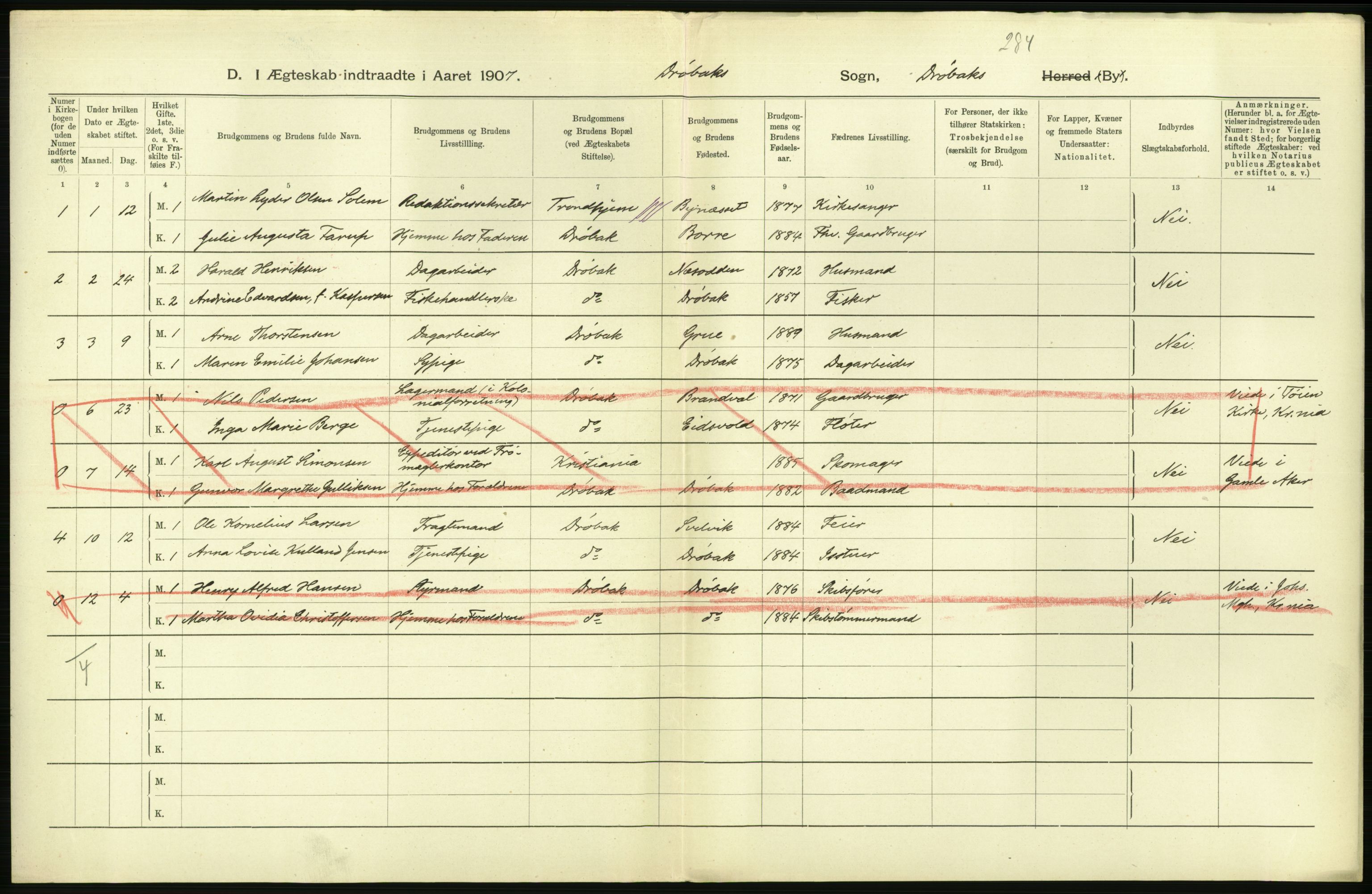 Statistisk sentralbyrå, Sosiodemografiske emner, Befolkning, AV/RA-S-2228/D/Df/Dfa/Dfae/L0005: Akershus amt: Gifte, døde. Bygder og byer., 1907, s. 178