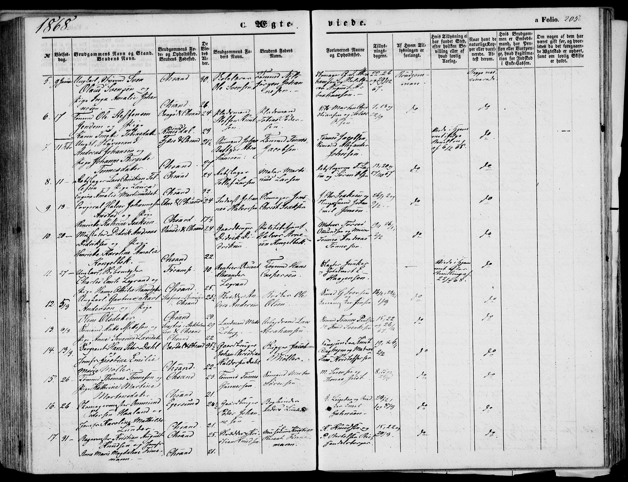 Kristiansand domprosti, AV/SAK-1112-0006/F/Fb/L0012: Klokkerbok nr. B 12, 1861-1870, s. 205