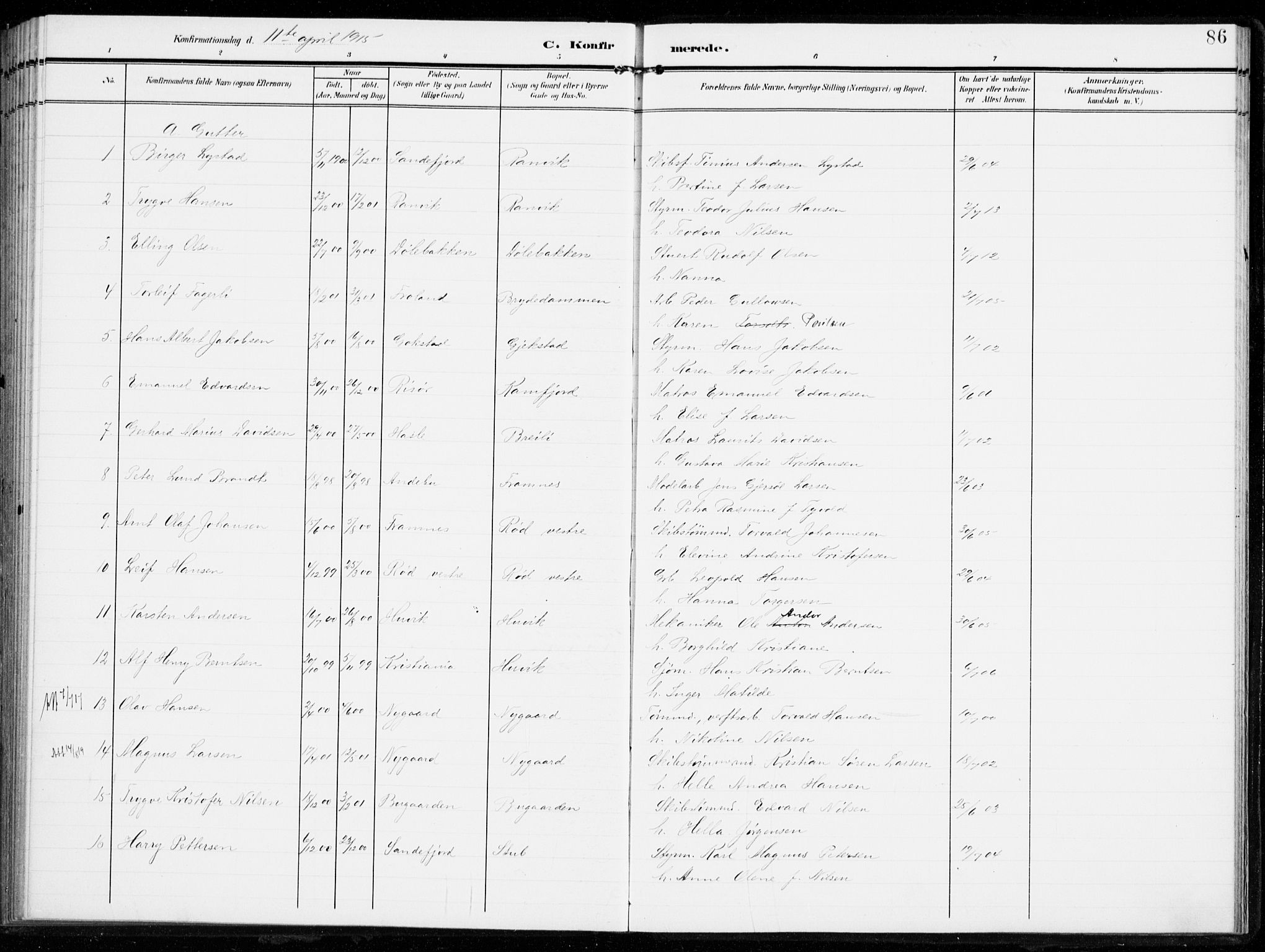 Sandar kirkebøker, AV/SAKO-A-243/F/Fa/L0017: Ministerialbok nr. 17, 1907-1917, s. 86