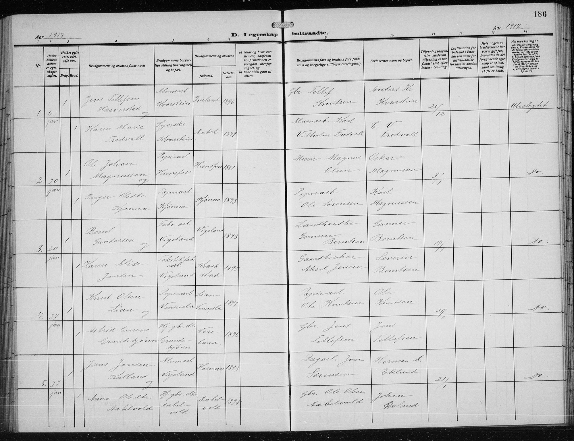 Vennesla sokneprestkontor, AV/SAK-1111-0045/Fb/Fbb/L0006: Klokkerbok nr. B 6, 1914-1921, s. 186