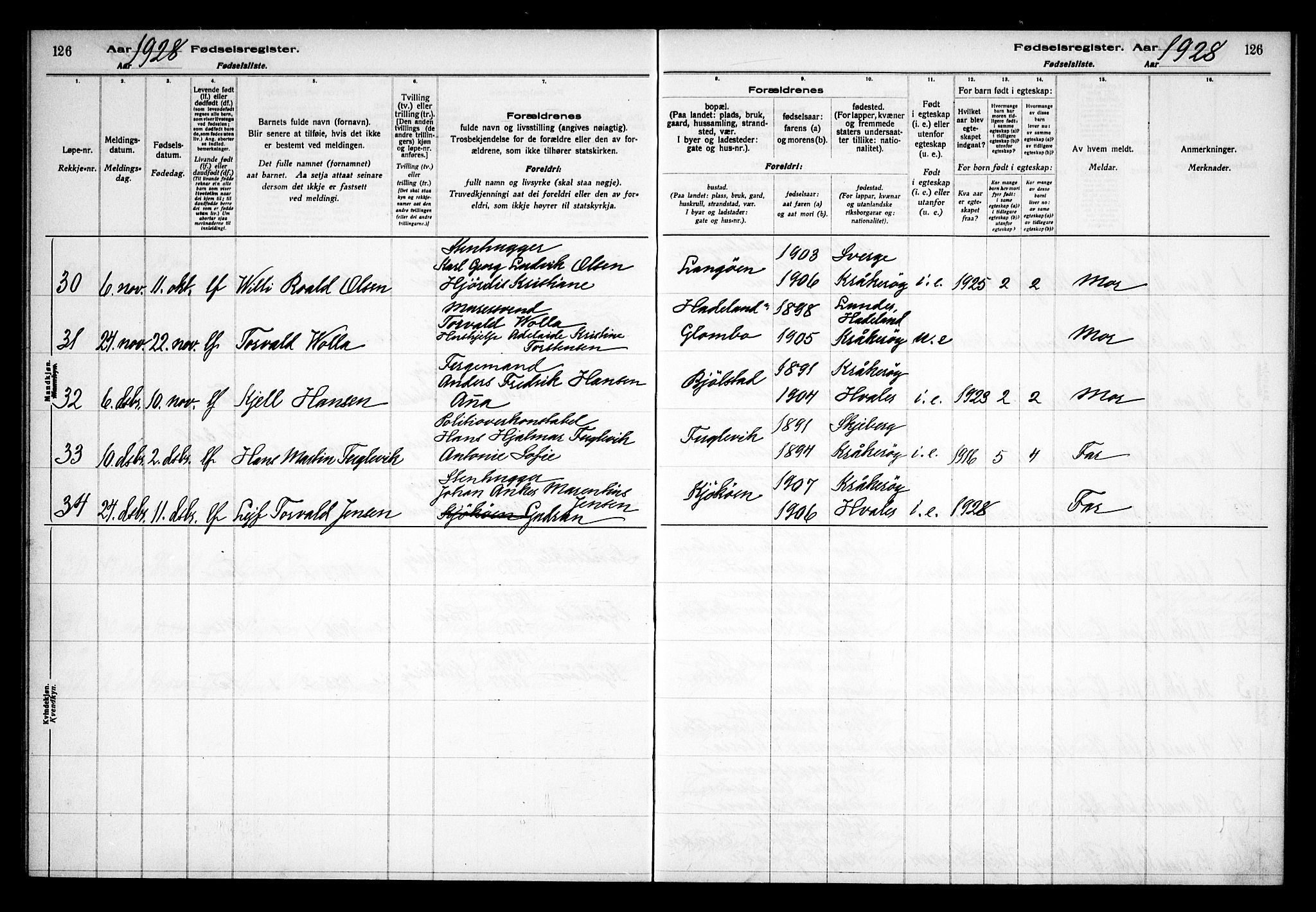 Kråkerøy prestekontor Kirkebøker, AV/SAO-A-10912/J/Ja/L0001: Fødselsregister nr. 1, 1916-1938, s. 126