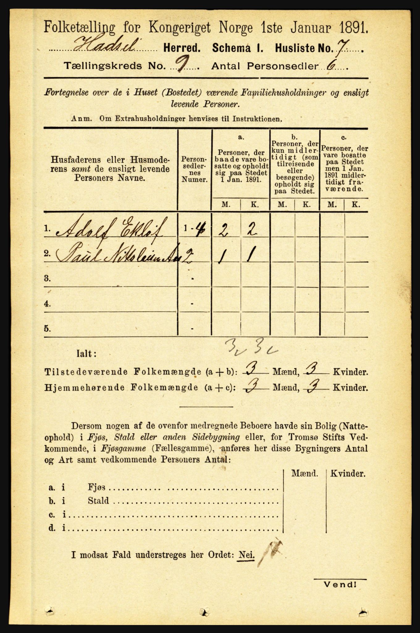 RA, Folketelling 1891 for 1866 Hadsel herred, 1891, s. 3891