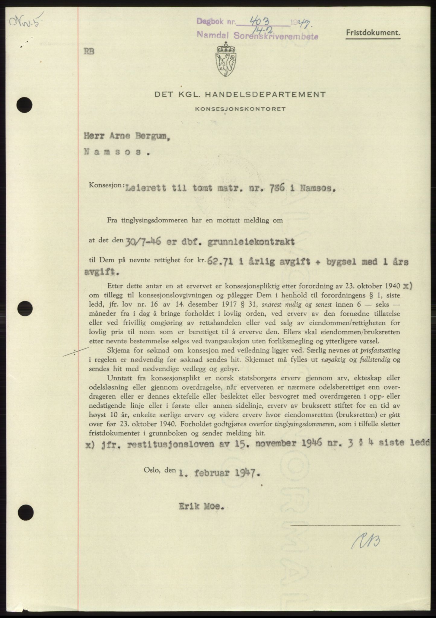 Namdal sorenskriveri, SAT/A-4133/1/2/2C: Pantebok nr. -, 1946-1947, Dagboknr: 403/1947