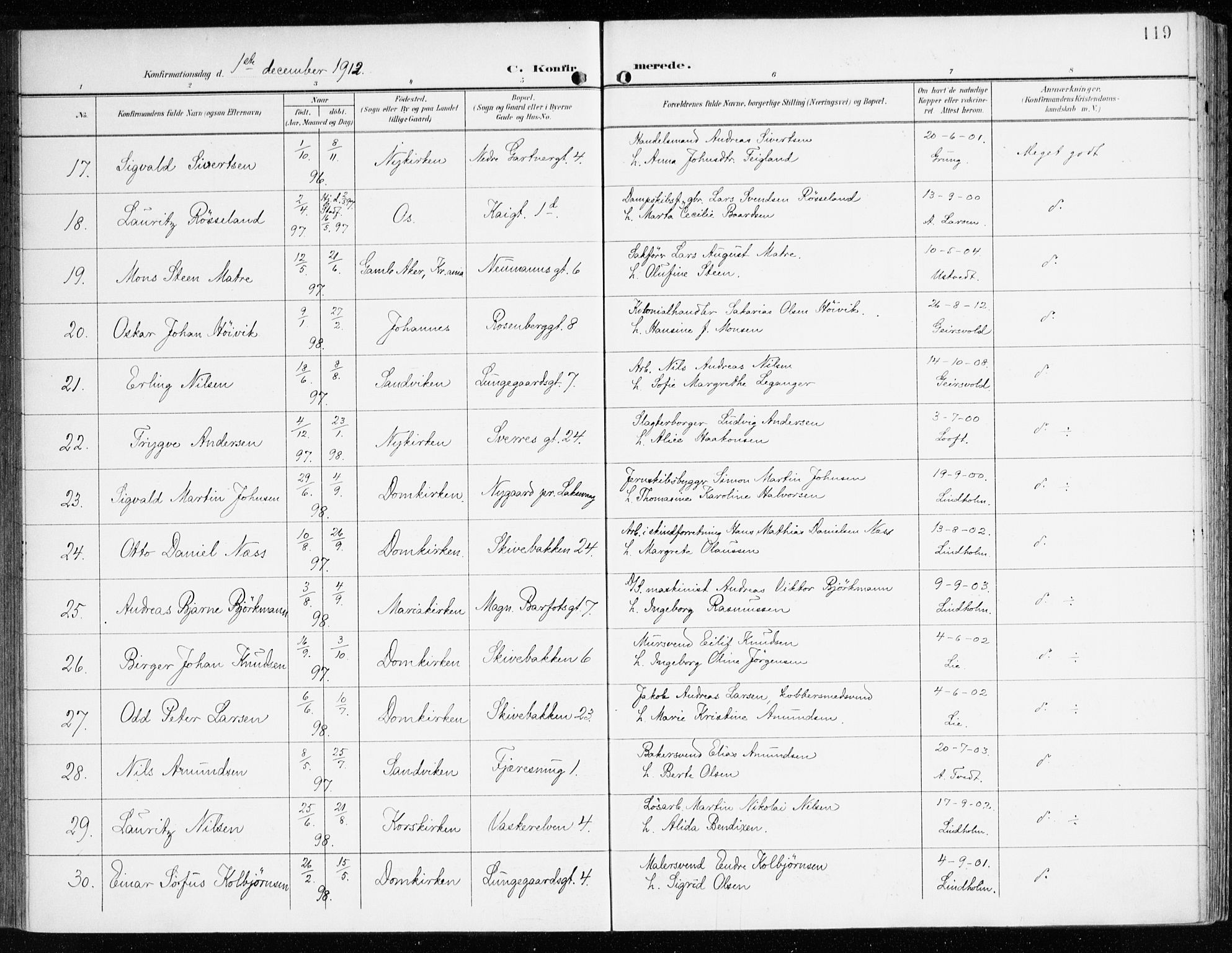 Domkirken sokneprestembete, AV/SAB-A-74801/H/Haa/L0031: Ministerialbok nr. C 6, 1898-1915, s. 119