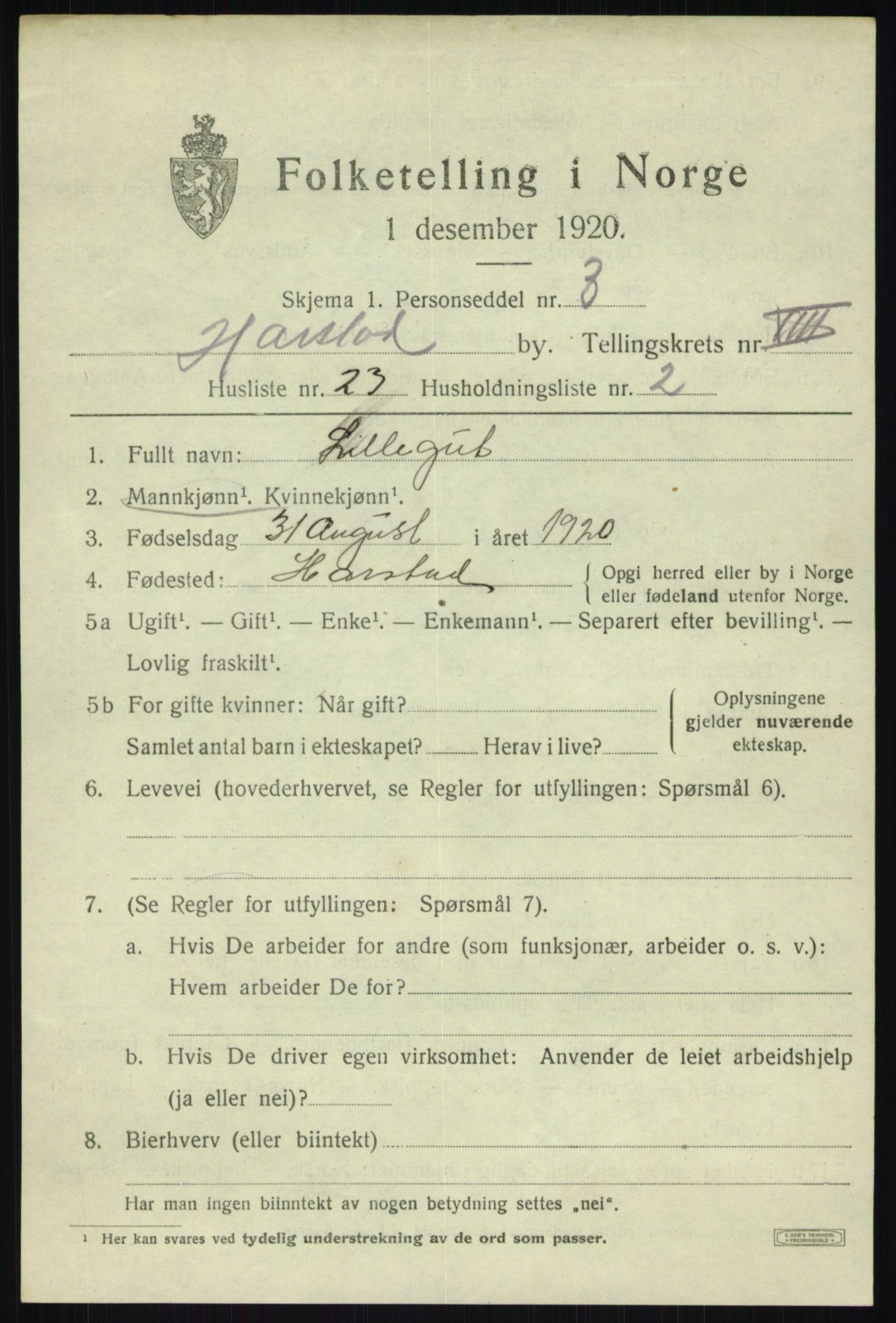 SATØ, Folketelling 1920 for 1901 Harstad ladested, 1920, s. 9426