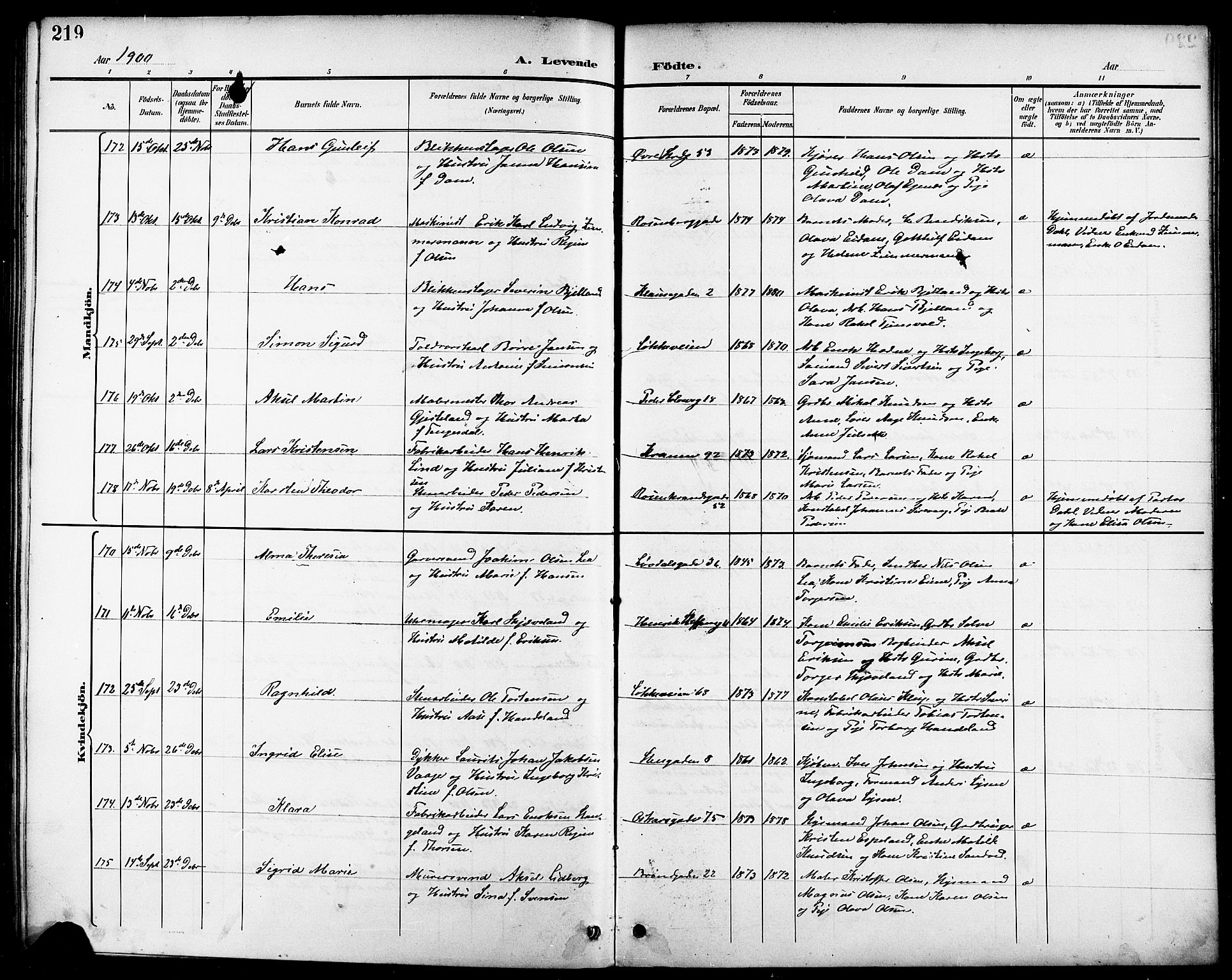 Domkirken sokneprestkontor, AV/SAST-A-101812/001/30/30BB/L0016: Klokkerbok nr. B 16, 1891-1902, s. 219