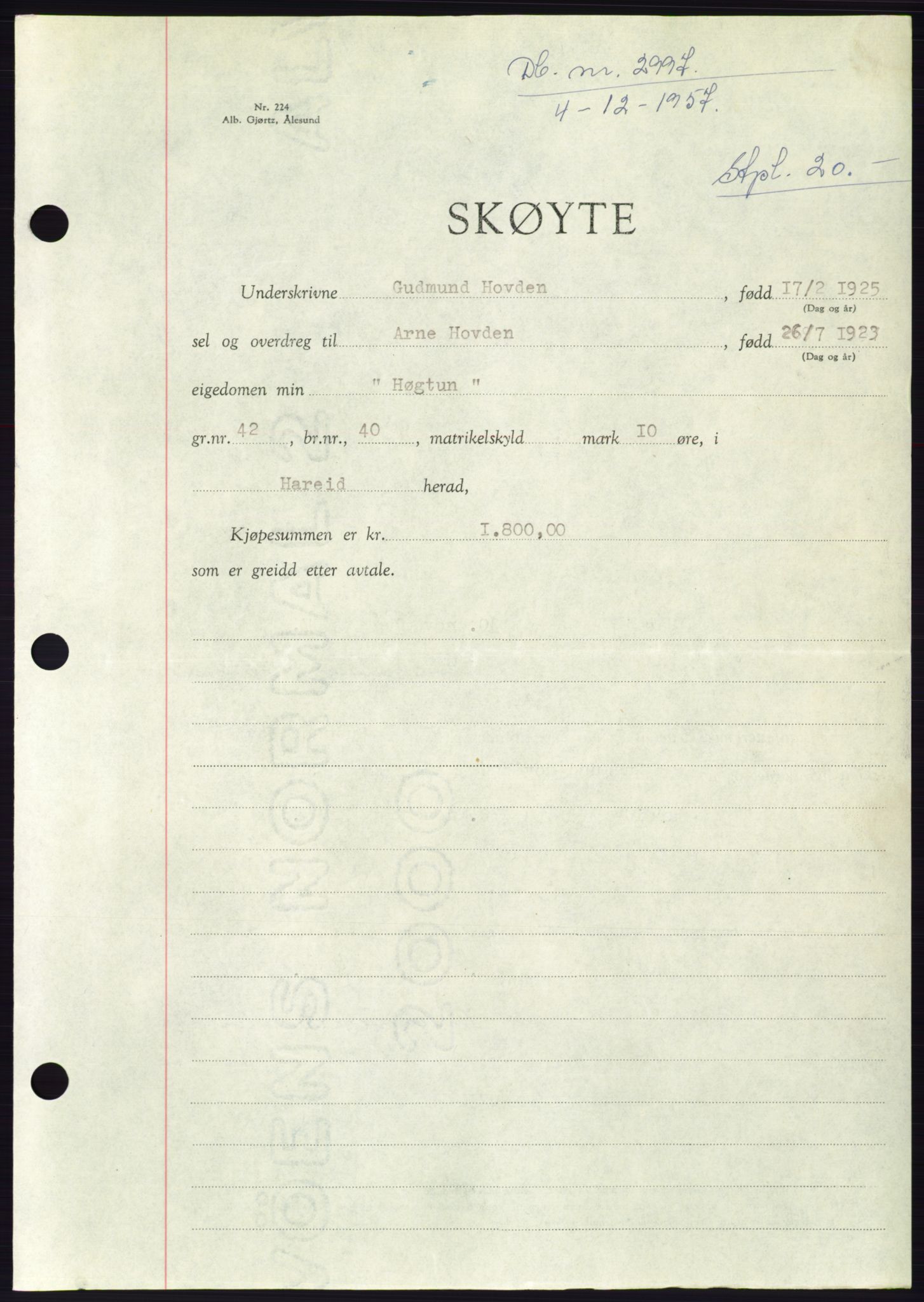 Søre Sunnmøre sorenskriveri, AV/SAT-A-4122/1/2/2C/L0108: Pantebok nr. 34A, 1957-1958, Dagboknr: 2997/1957