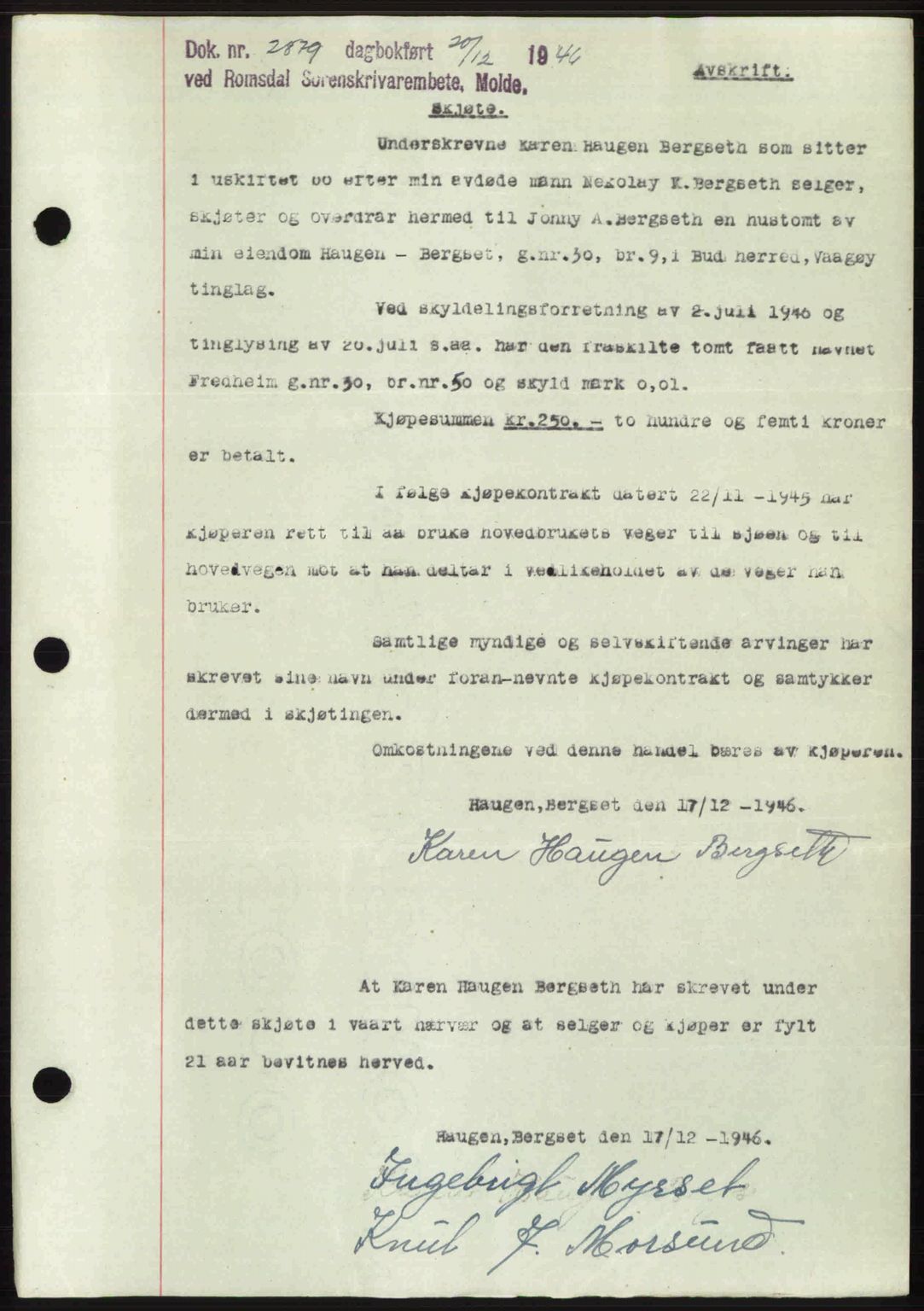 Romsdal sorenskriveri, AV/SAT-A-4149/1/2/2C: Pantebok nr. A21, 1946-1946, Dagboknr: 2879/1946