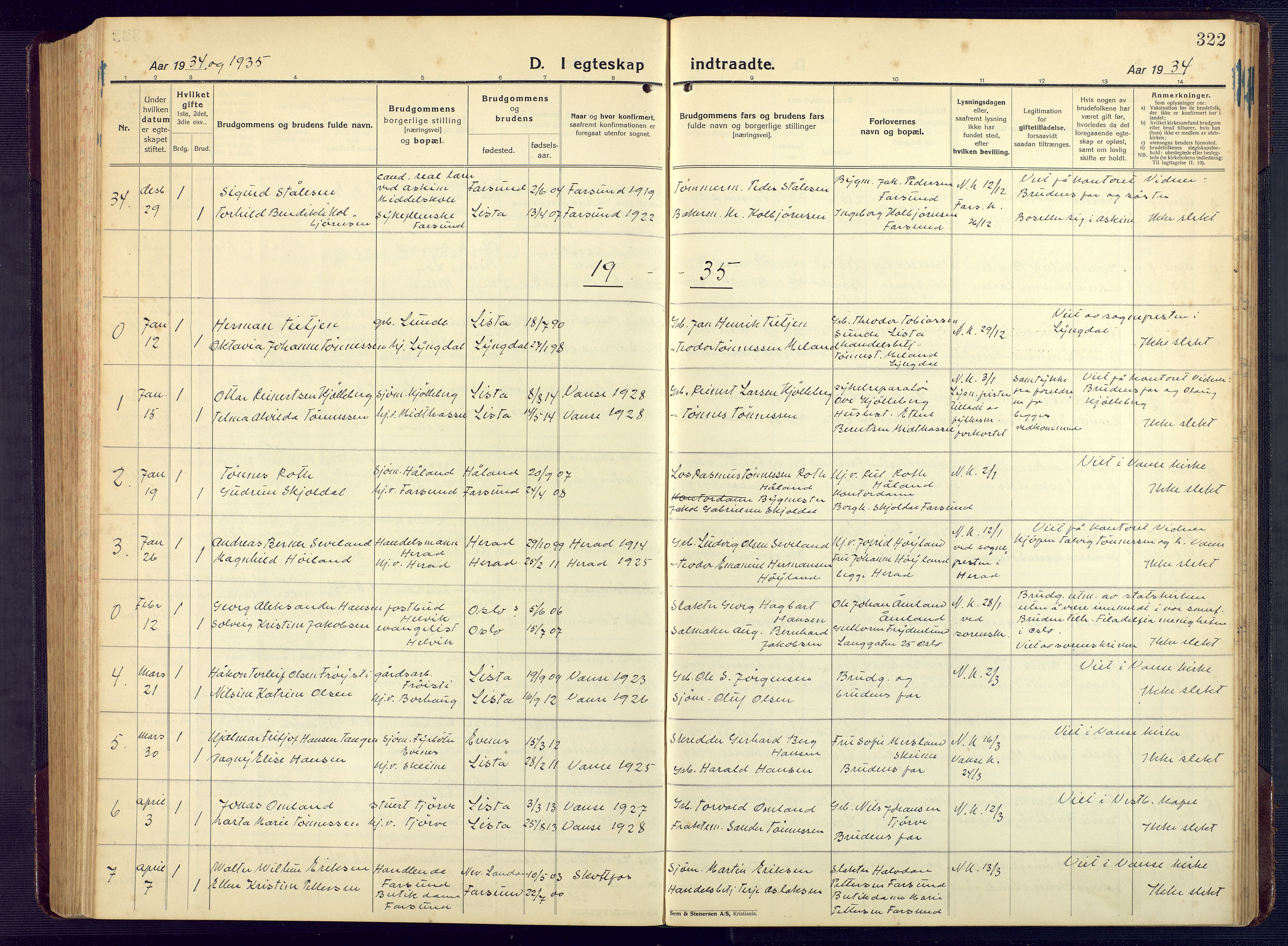 Lista sokneprestkontor, SAK/1111-0027/F/Fb/L0006: Klokkerbok nr. B 6, 1924-1947, s. 322
