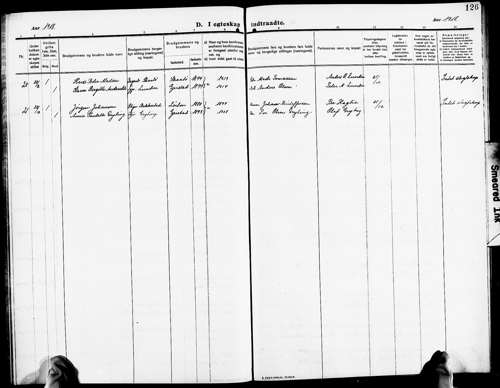 Gjerstad sokneprestkontor, AV/SAK-1111-0014/F/Fb/Fba/L0008: Klokkerbok nr. B 8, 1909-1925, s. 126