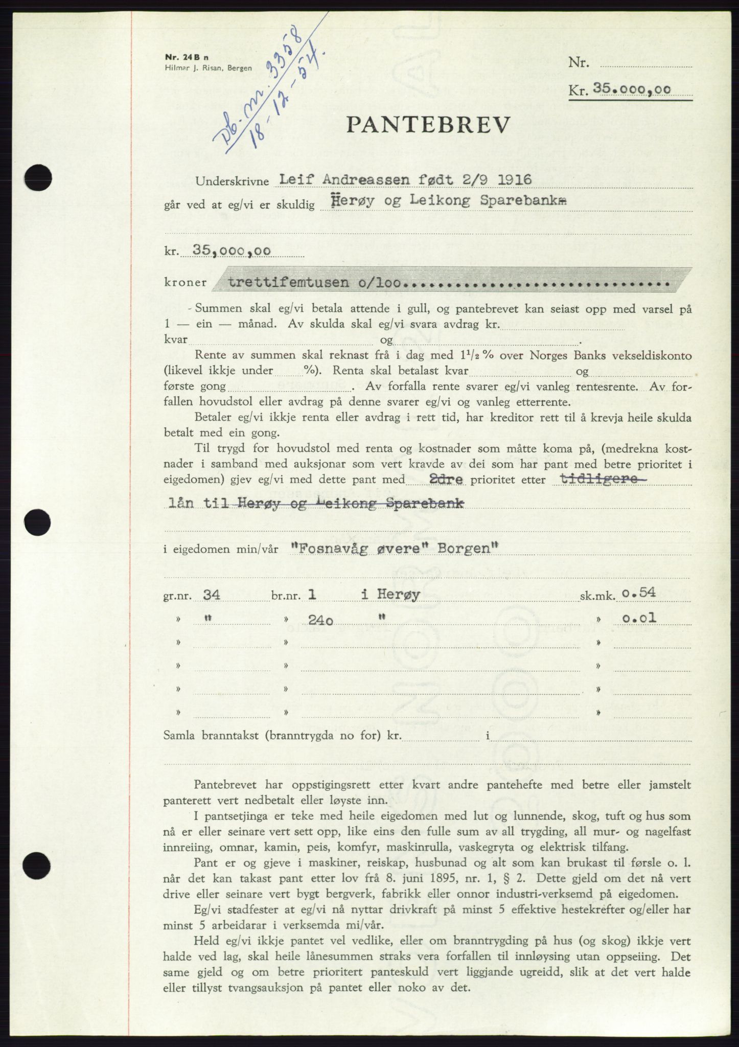 Søre Sunnmøre sorenskriveri, AV/SAT-A-4122/1/2/2C/L0126: Pantebok nr. 14B, 1954-1955, Dagboknr: 3358/1954