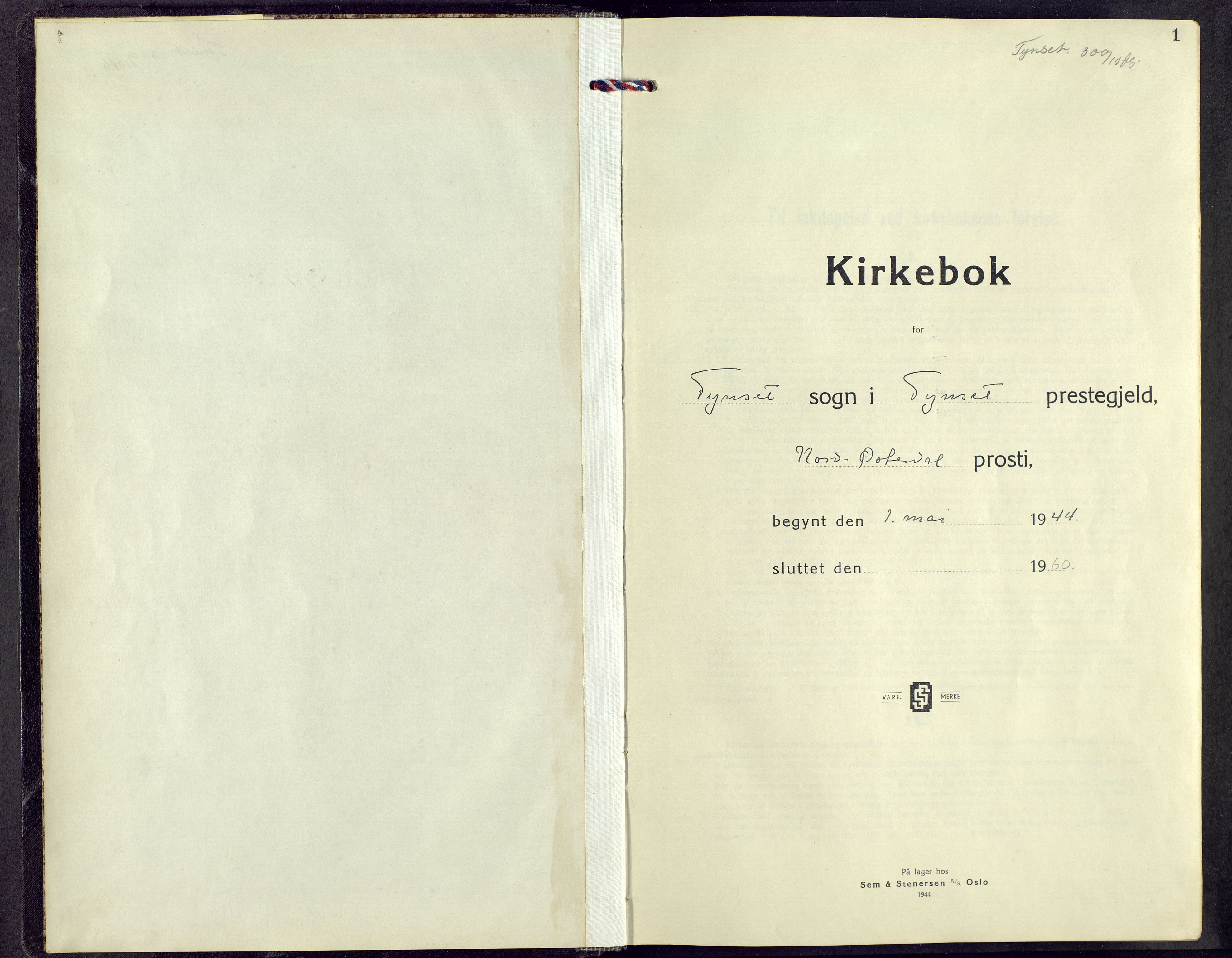 Tynset prestekontor, AV/SAH-PREST-058/H/Ha/Hab/L0014: Klokkerbok nr. 14, 1944-1960, s. 1