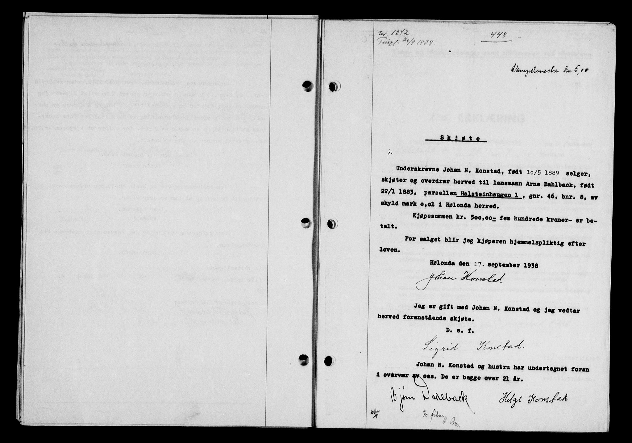 Gauldal sorenskriveri, SAT/A-0014/1/2/2C/L0049: Pantebok nr. 53, 1938-1938, Dagboknr: 1242/1938