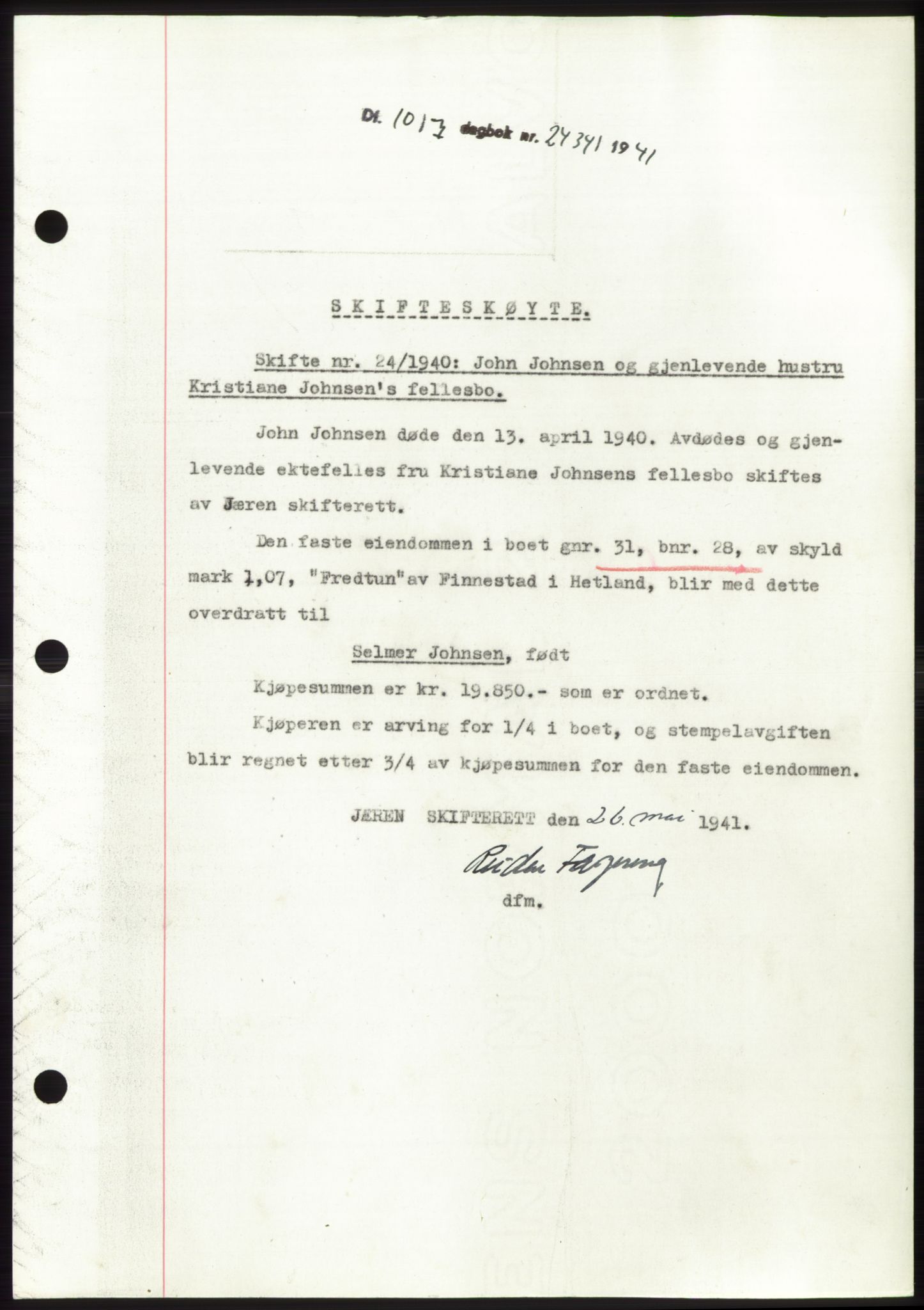 Jæren sorenskriveri, SAST/A-100310/03/G/Gba/L0080: Pantebok, 1941-1941, Dagboknr: 2434/1941