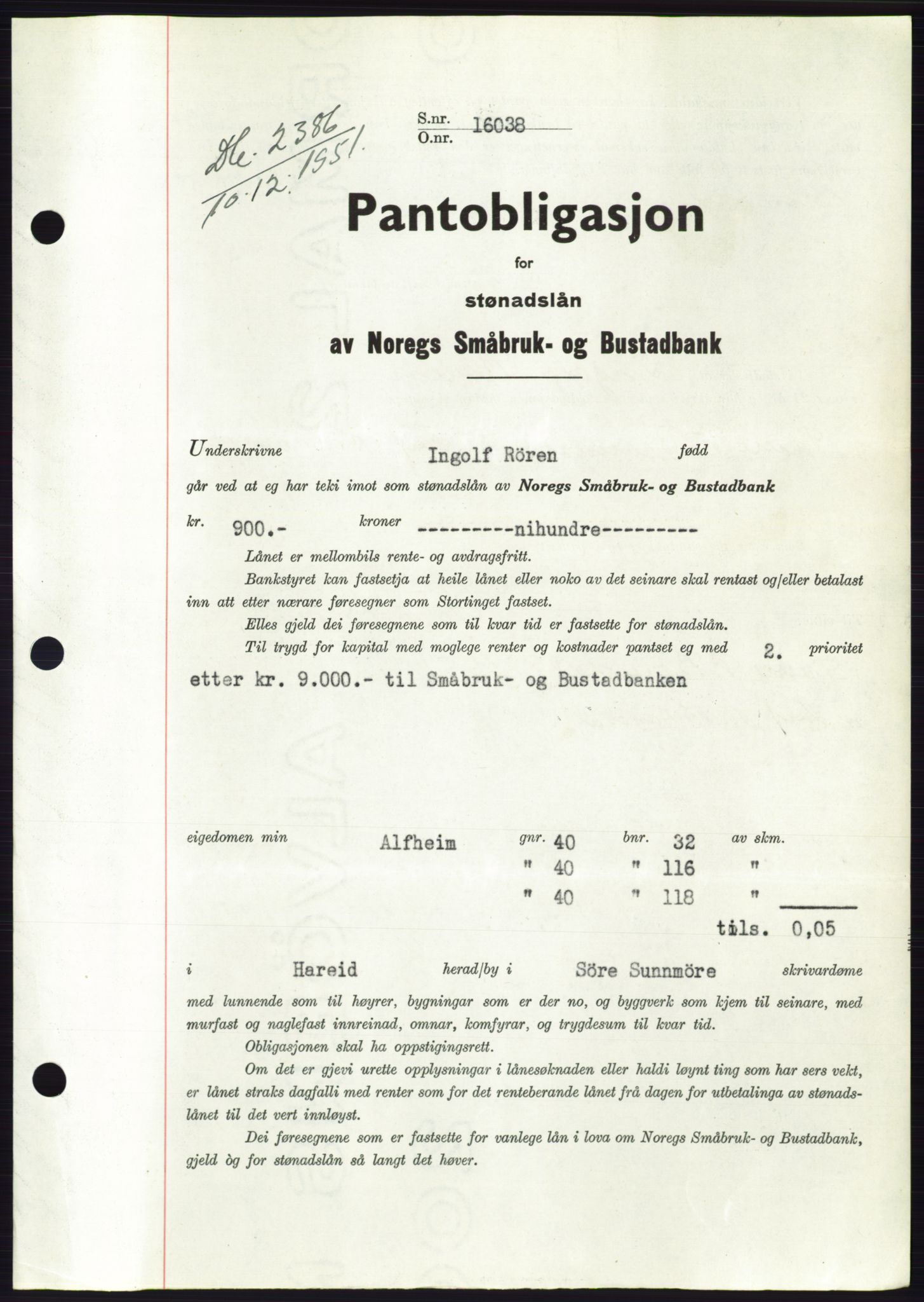 Søre Sunnmøre sorenskriveri, SAT/A-4122/1/2/2C/L0120: Pantebok nr. 8B, 1951-1951, Dagboknr: 2386/1951