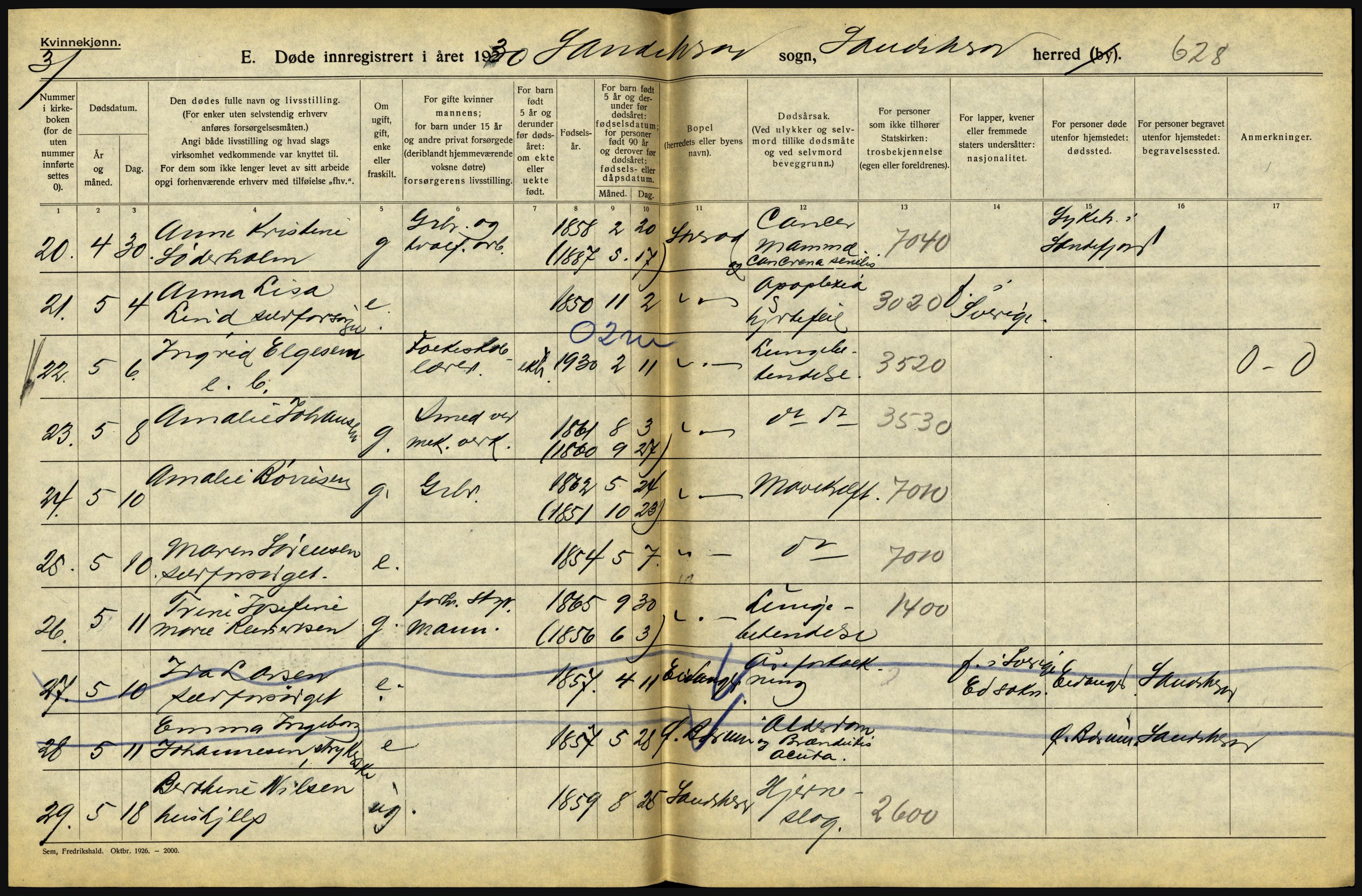 Statistisk sentralbyrå, Sosiodemografiske emner, Befolkning, AV/RA-S-2228/D/Df/Dfc/Dfcj/L0017: Vestfold. Telemark, 1930, s. 64