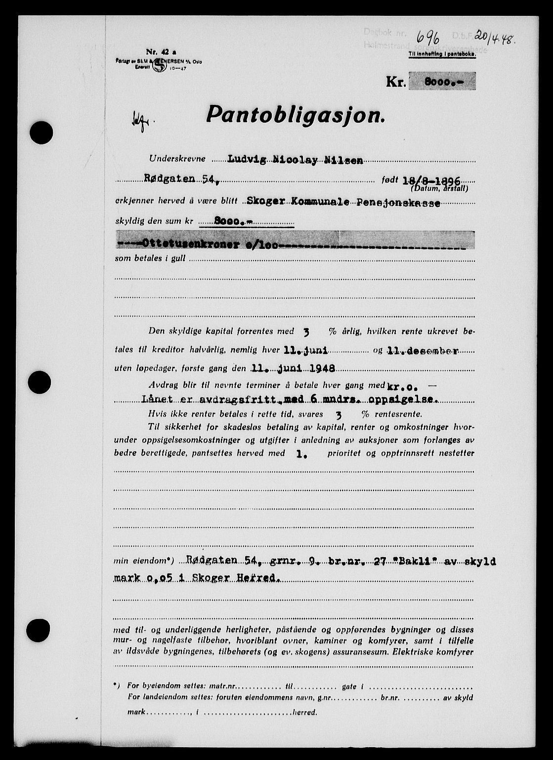 Holmestrand sorenskriveri, SAKO/A-67/G/Ga/Gab/L0058: Pantebok nr. B-58, 1947-1948, Dagboknr: 696/1948