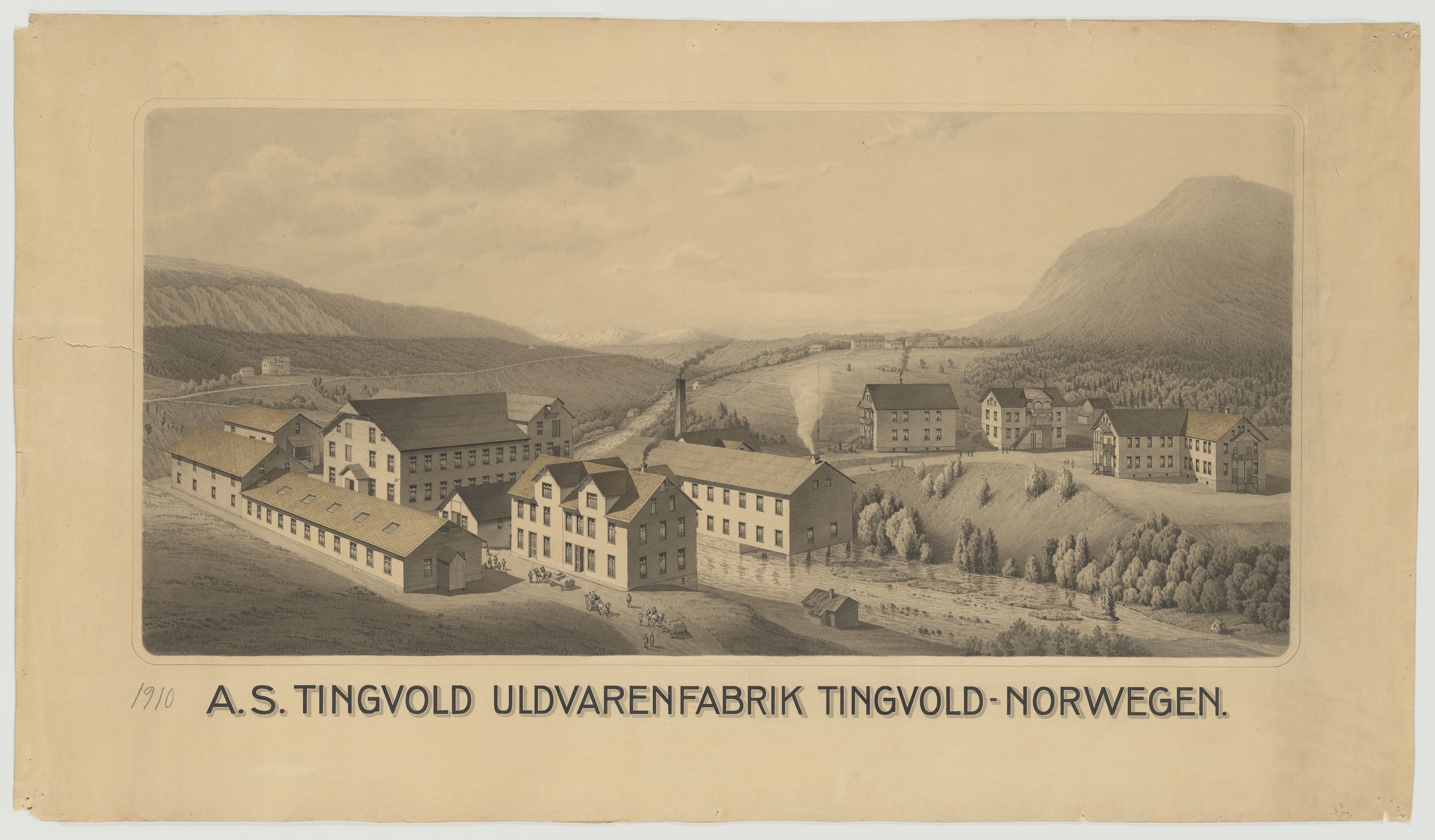Tingvoll Ullvarefabrikk, IKAM/P-00482/T/Ta/L0001: Fantasitegning av fabrikken, 1910
