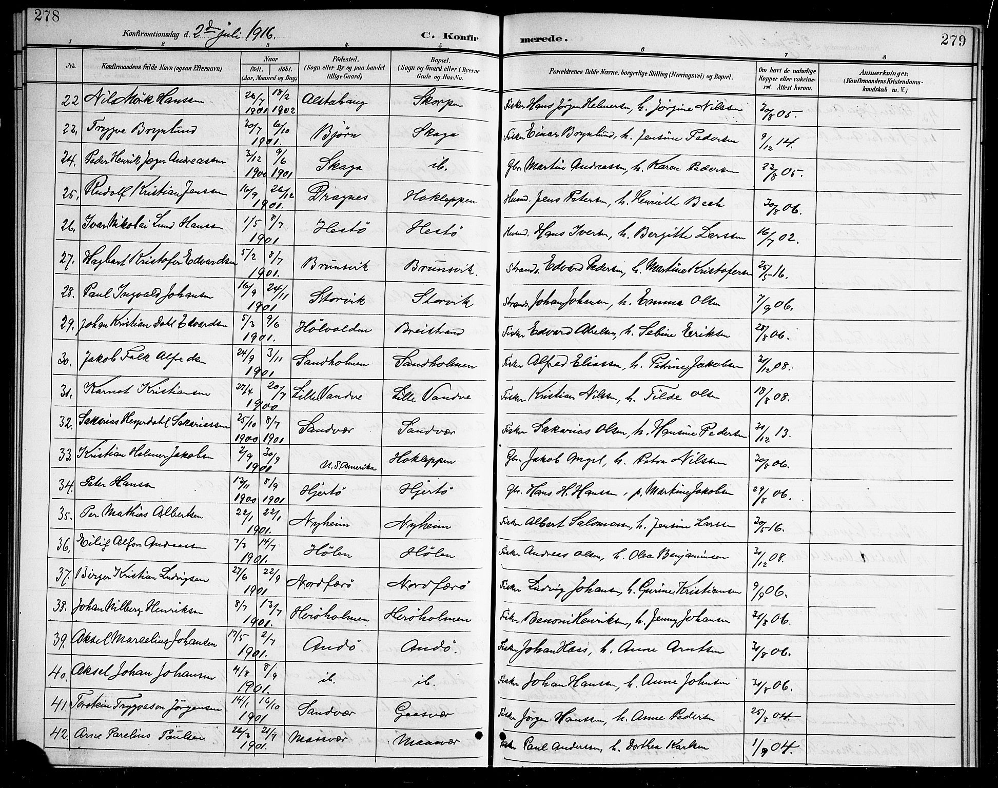 Ministerialprotokoller, klokkerbøker og fødselsregistre - Nordland, AV/SAT-A-1459/834/L0516: Klokkerbok nr. 834C06, 1902-1918, s. 278-279