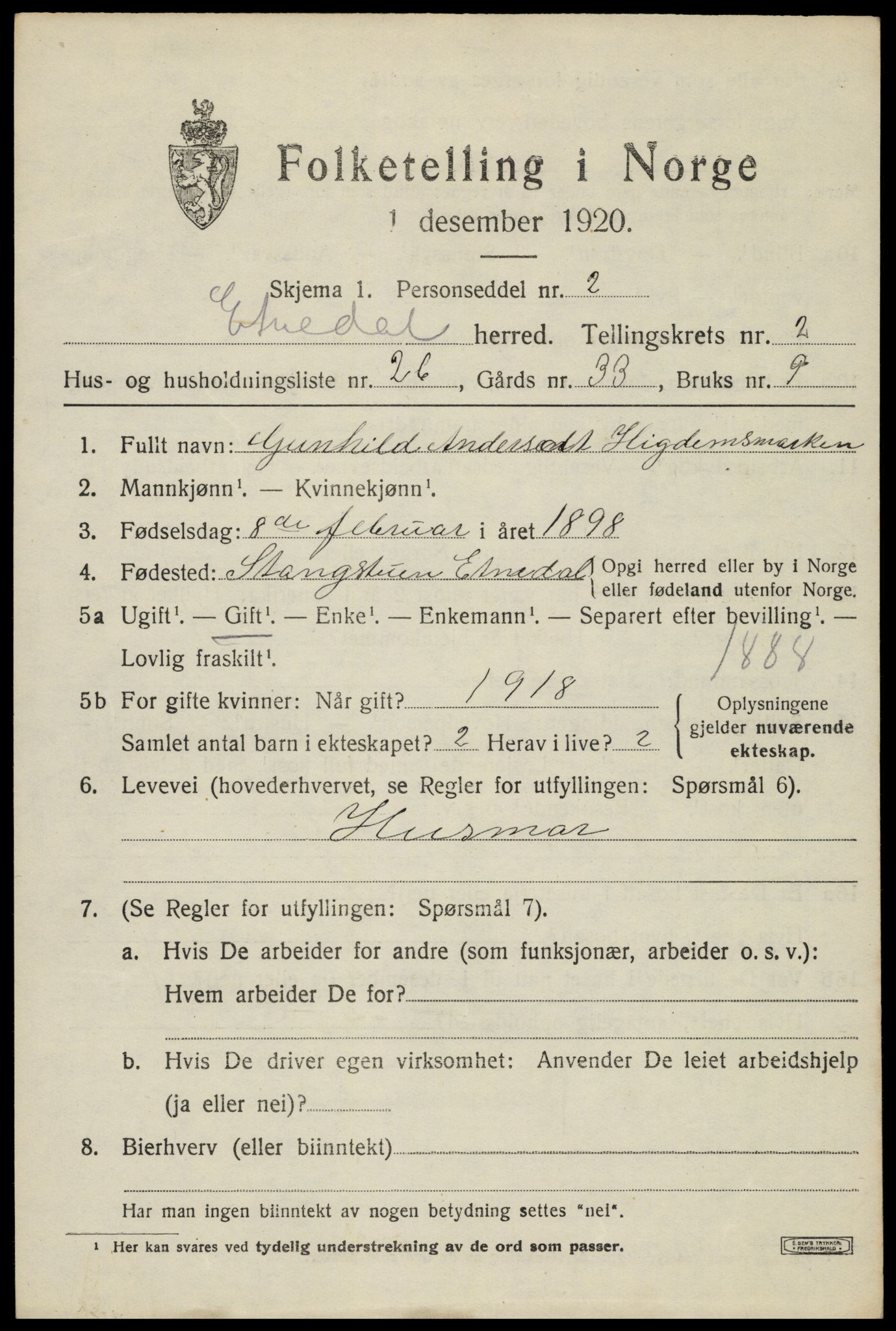 SAH, Folketelling 1920 for 0541 Etnedal herred, 1920, s. 1312