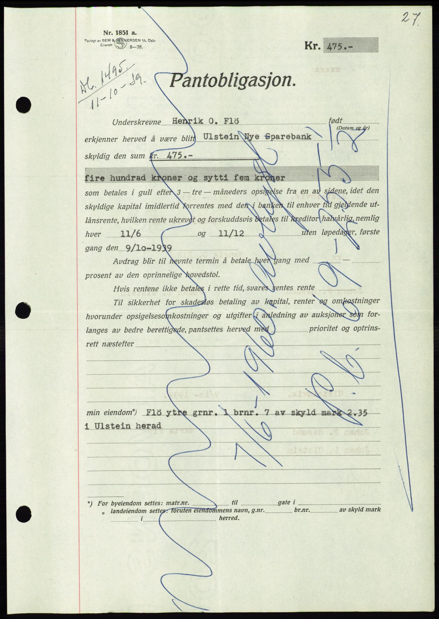 Søre Sunnmøre sorenskriveri, AV/SAT-A-4122/1/2/2C/L0069: Pantebok nr. 63, 1939-1940, Dagboknr: 1495/1939