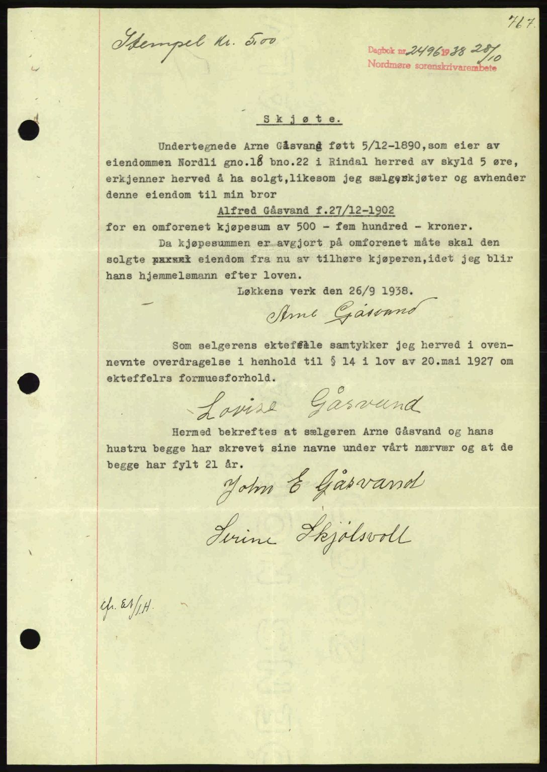 Nordmøre sorenskriveri, SAT/A-4132/1/2/2Ca: Pantebok nr. A84, 1938-1938, Dagboknr: 2496/1938