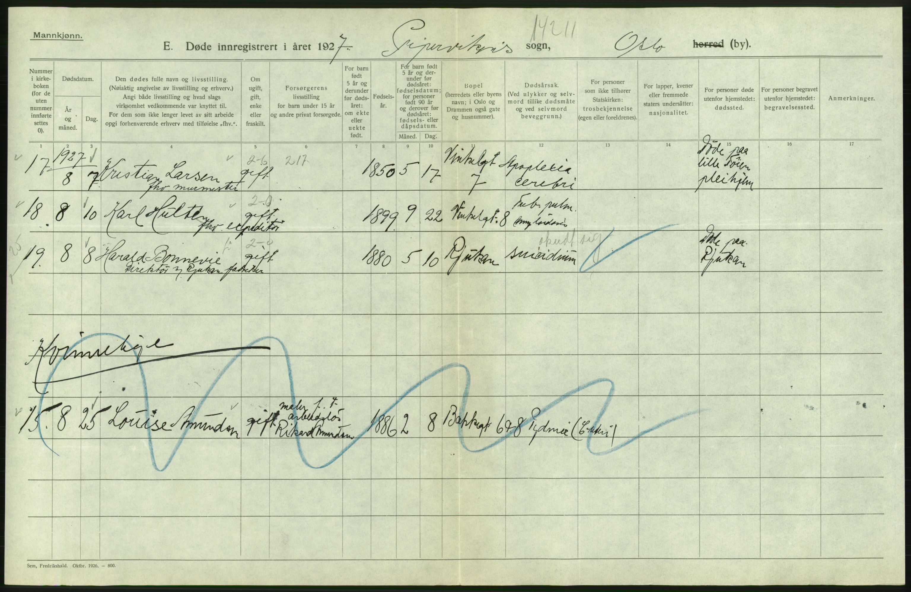 Statistisk sentralbyrå, Sosiodemografiske emner, Befolkning, AV/RA-S-2228/D/Df/Dfc/Dfcg/L0009: Oslo: Døde menn, 1927, s. 568