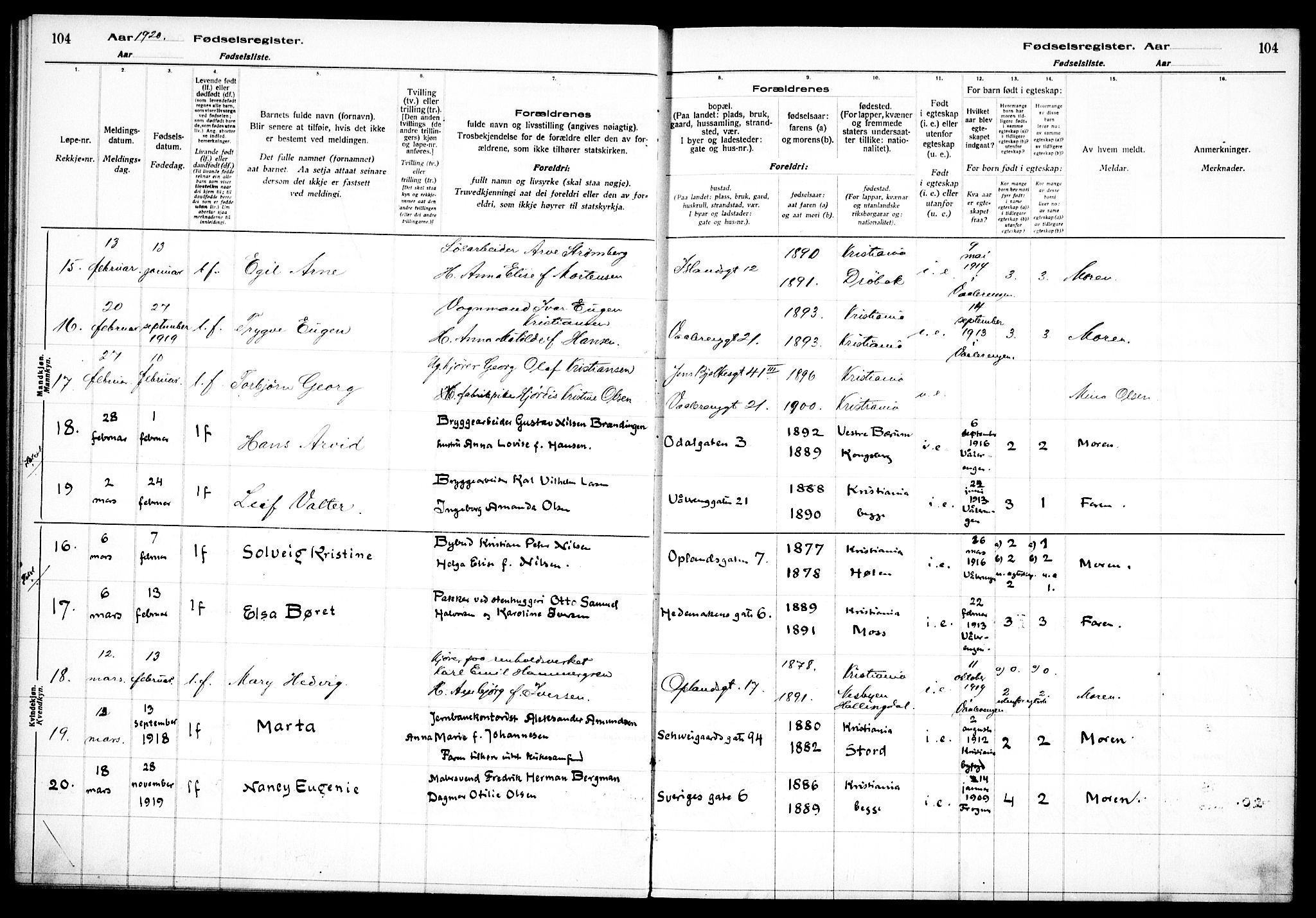 Vålerengen prestekontor Kirkebøker, AV/SAO-A-10878/J/Ja/L0001: Fødselsregister nr. 1, 1916-1924, s. 104