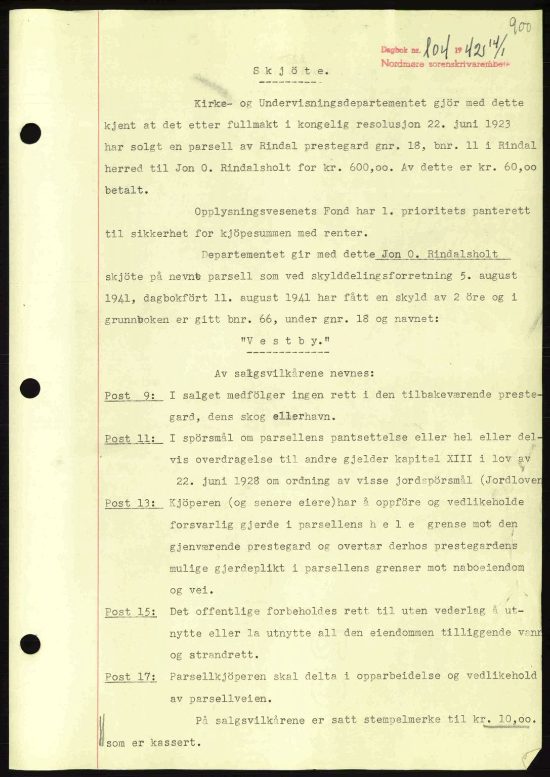 Nordmøre sorenskriveri, AV/SAT-A-4132/1/2/2Ca: Pantebok nr. A91, 1941-1942, Dagboknr: 104/1942