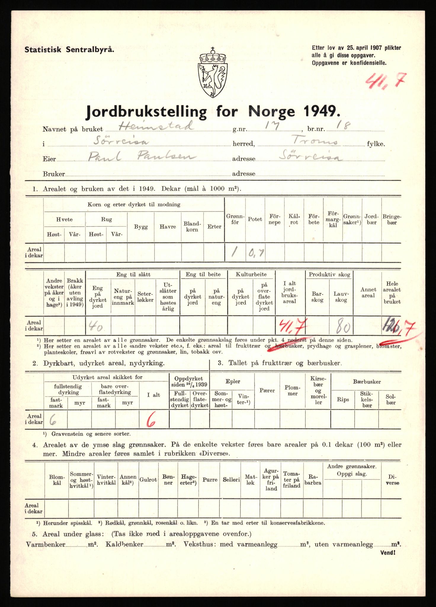 Statistisk sentralbyrå, Næringsøkonomiske emner, Jordbruk, skogbruk, jakt, fiske og fangst, AV/RA-S-2234/G/Gc/L0440: Troms: Sørreisa og Dyrøy, 1949, s. 549