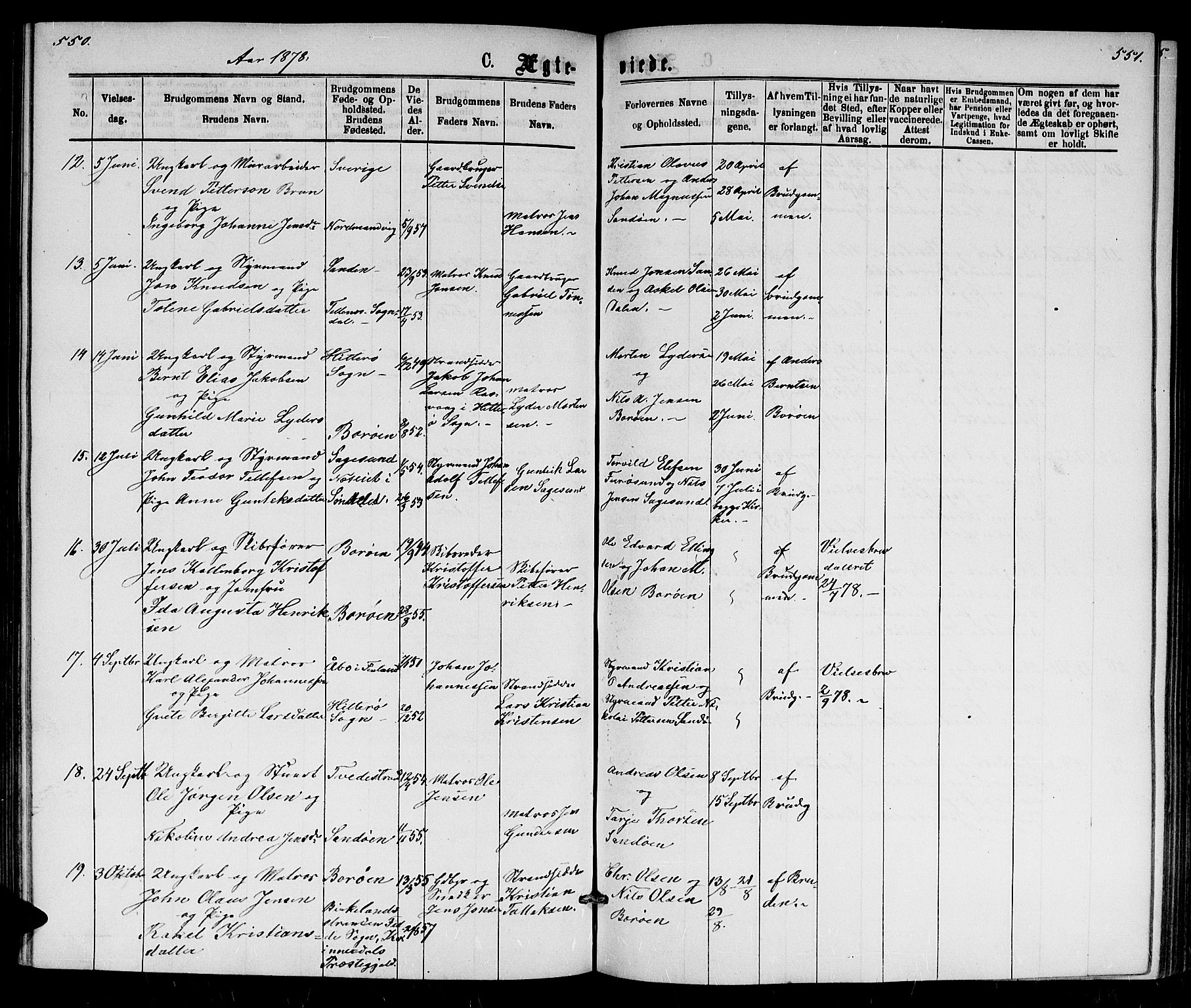 Dypvåg sokneprestkontor, AV/SAK-1111-0007/F/Fb/Fba/L0012: Klokkerbok nr. B 12, 1872-1886, s. 550-551