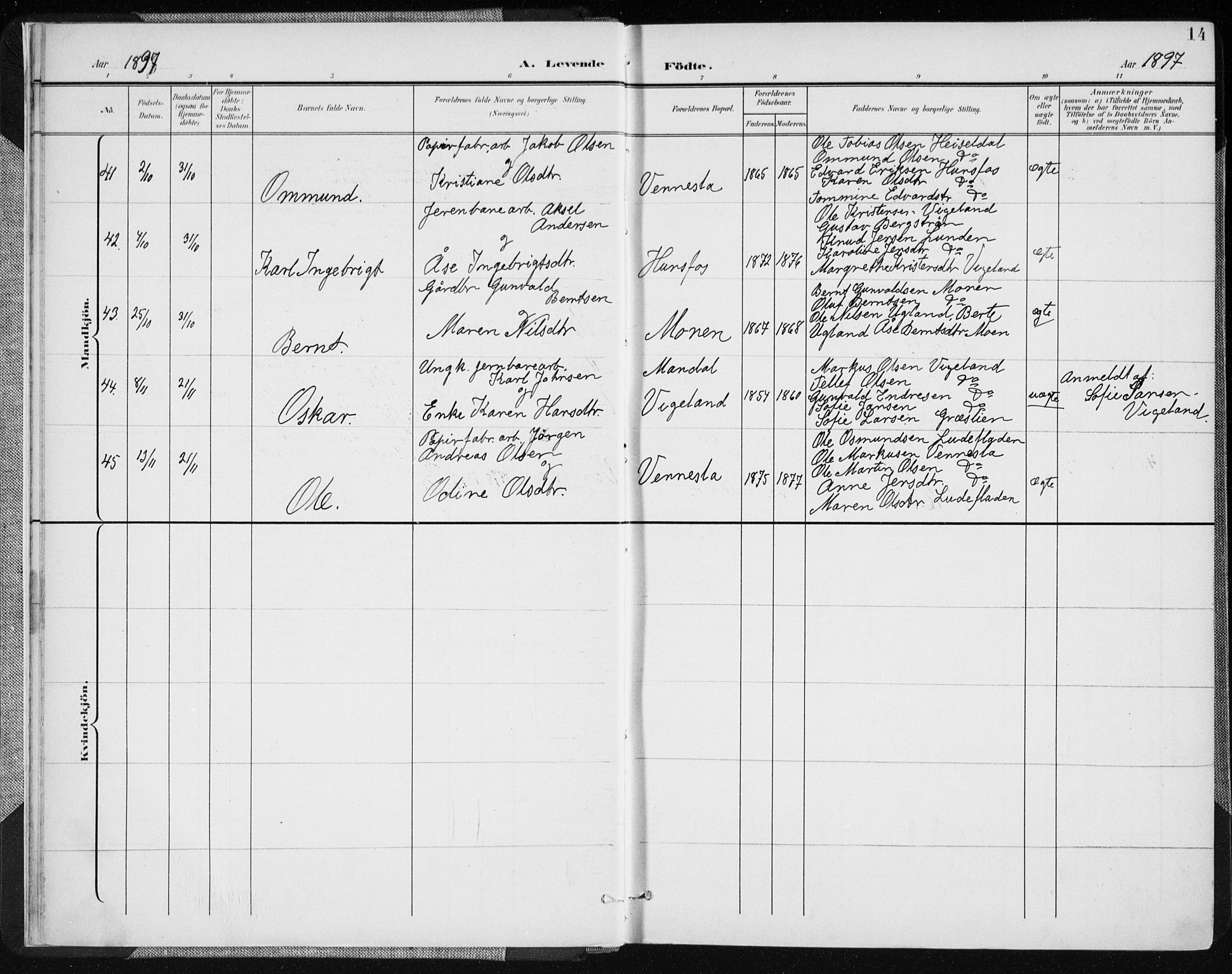 Vennesla sokneprestkontor, AV/SAK-1111-0045/Fa/Fab/L0005: Ministerialbok nr. A 5, 1897-1909, s. 14
