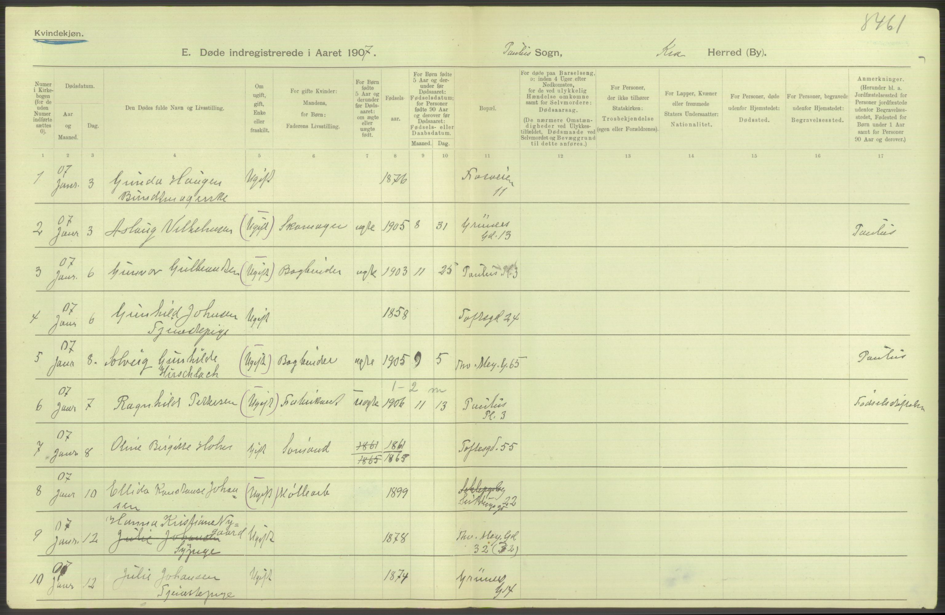 Statistisk sentralbyrå, Sosiodemografiske emner, Befolkning, RA/S-2228/D/Df/Dfa/Dfae/L0009: Kristiania: Døde, 1907, s. 408