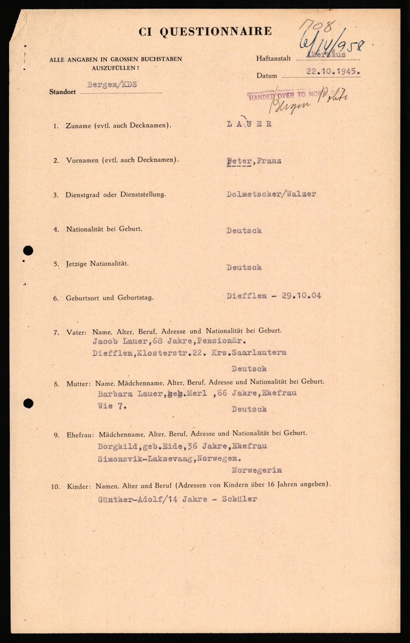 Forsvaret, Forsvarets overkommando II, AV/RA-RAFA-3915/D/Db/L0019: CI Questionaires. Tyske okkupasjonsstyrker i Norge. Tyskere., 1945-1946, s. 502