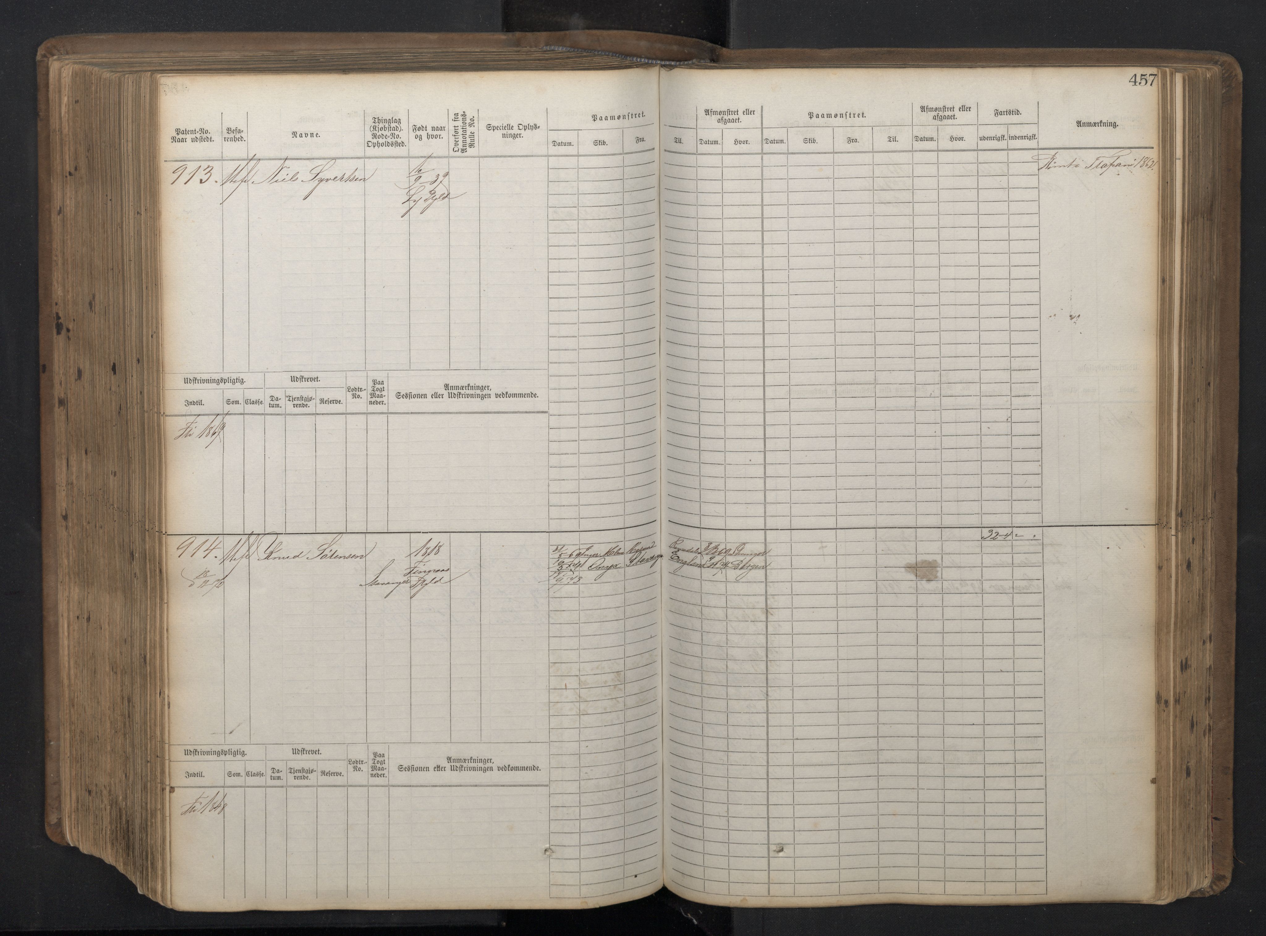 Stavanger sjømannskontor, SAST/A-102006/F/Fb/Fbb/L0016: Sjøfartshovedrulle patnentnr. 1-1202 (dublett), 1869, s. 457